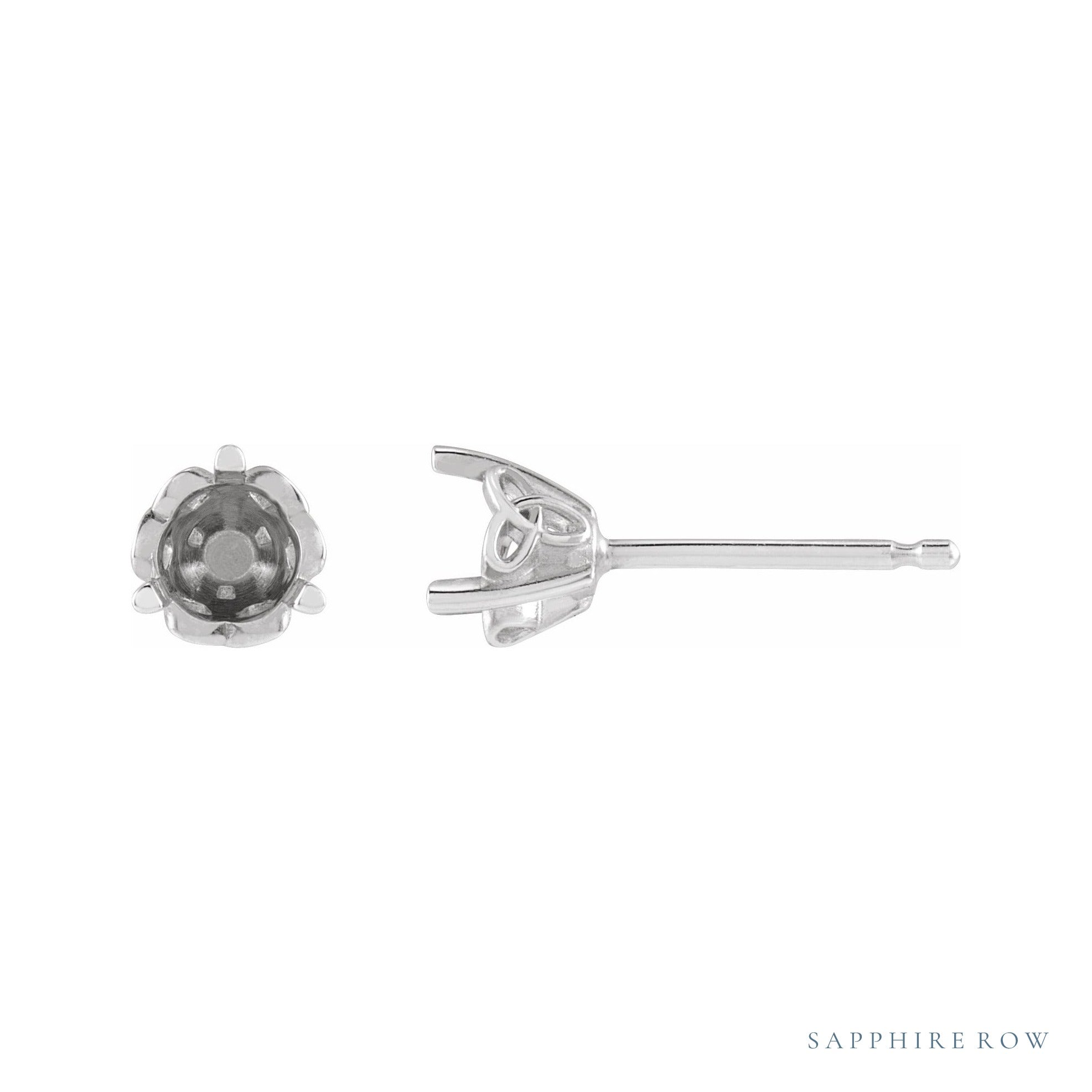 Sapphire Row Round 3-Prong Celtic-Inspired Stud Earrings setting in 14K White Gold, shown with a center stone (sold separately)