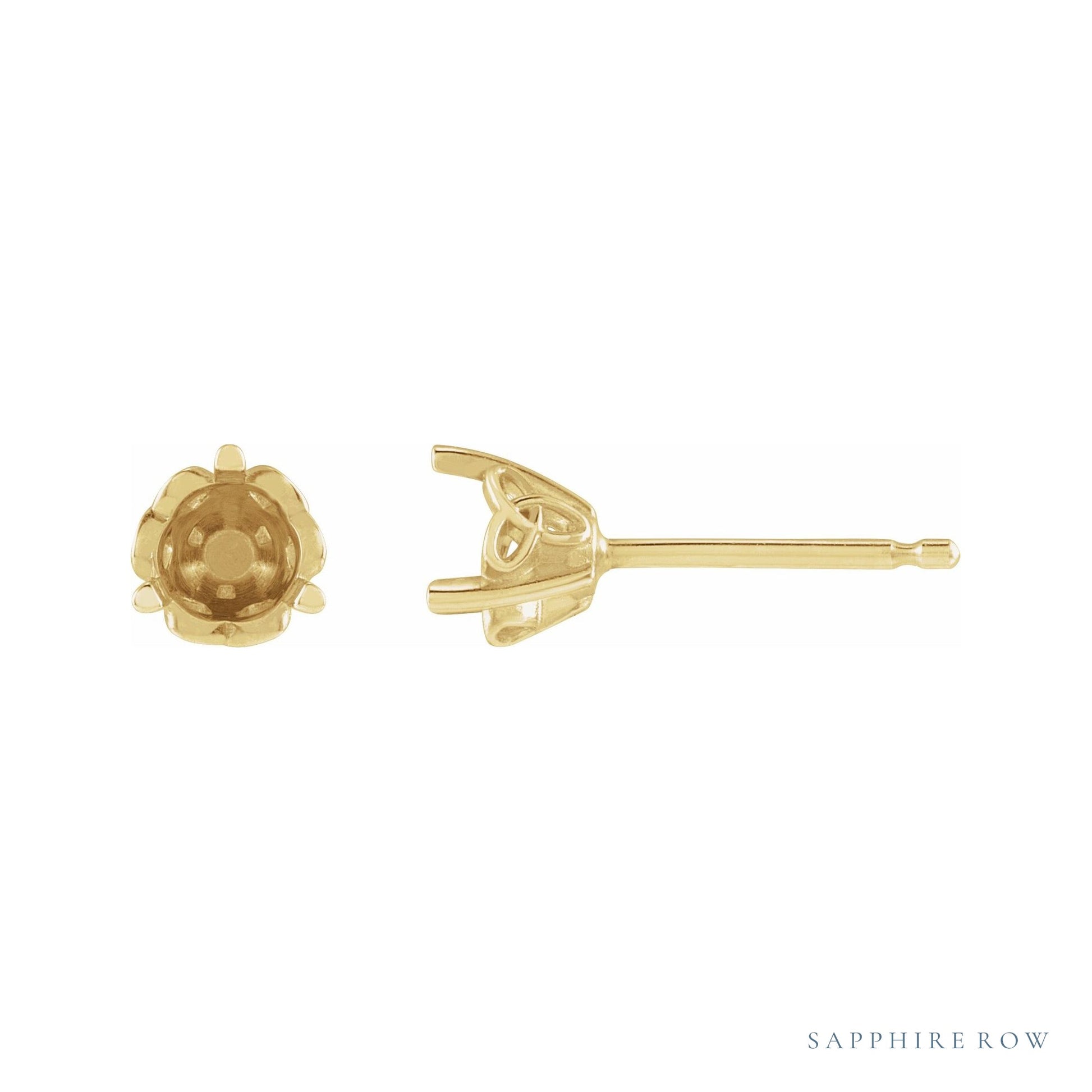 Sapphire Row Round 3-Prong Celtic-Inspired Stud Earrings setting in 14K Yellow Gold, shown with a center stone (sold separately)