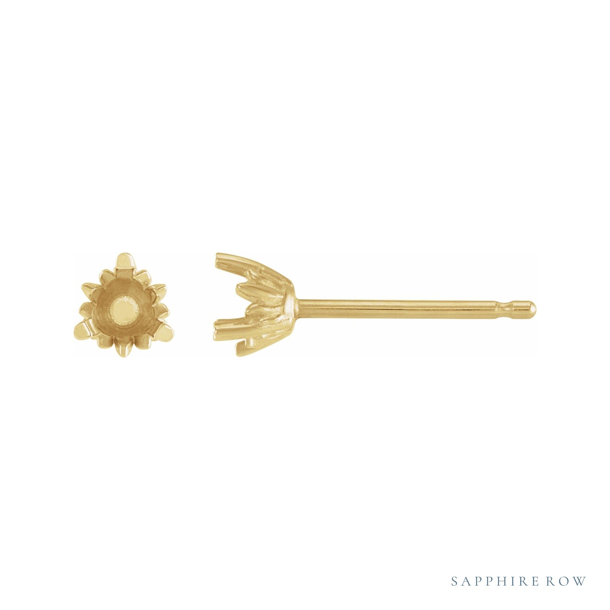 Sapphire Row Round 3-Prong Lotus Earrings setting in 14K Yellow Gold, shown with a center stone (sold separately)