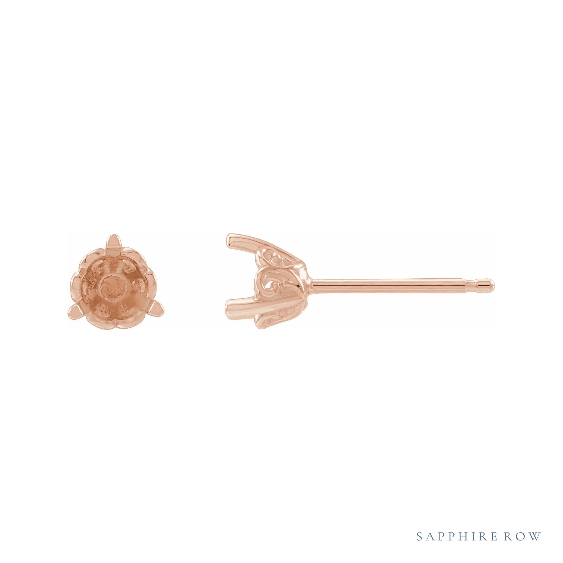 Sapphire Row Round 3-Prong Scroll Stud Earrings setting in 14K Rose Gold, shown with a center stone (sold separately)