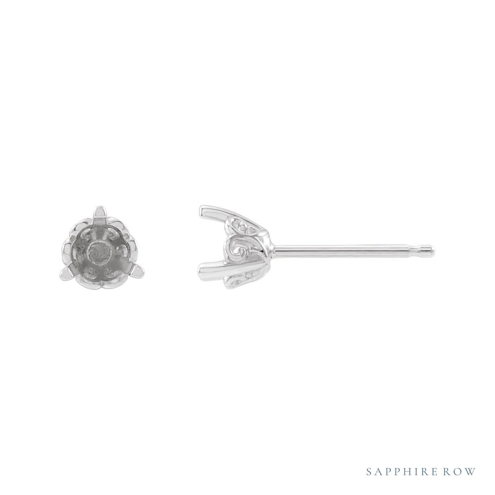 Sapphire Row Round 3-Prong Scroll Stud Earrings setting in 14K White Gold, shown with a center stone (sold separately)
