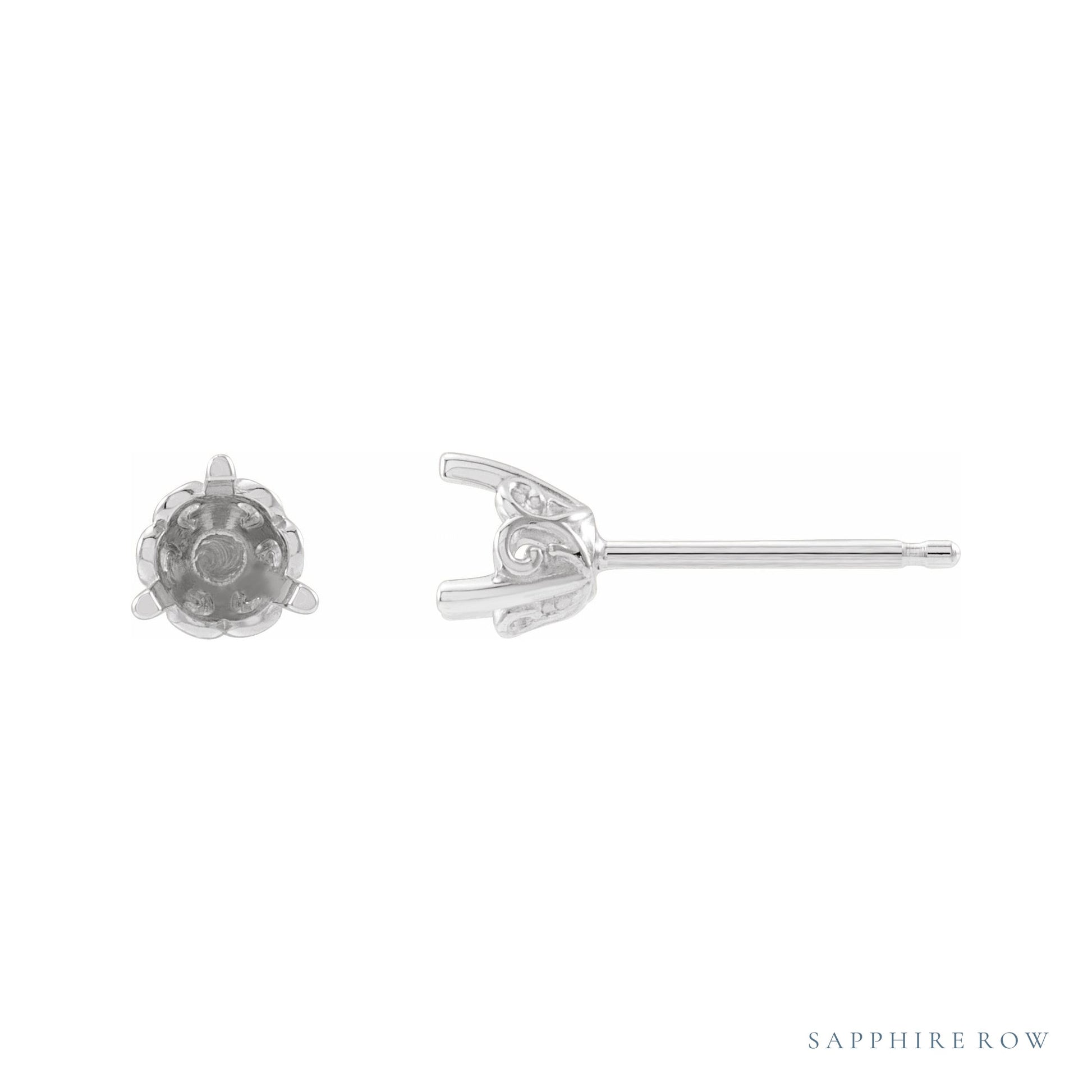 Sapphire Row Round 3-Prong Scroll Stud Earrings setting in 14K White Gold, shown with a center stone (sold separately)