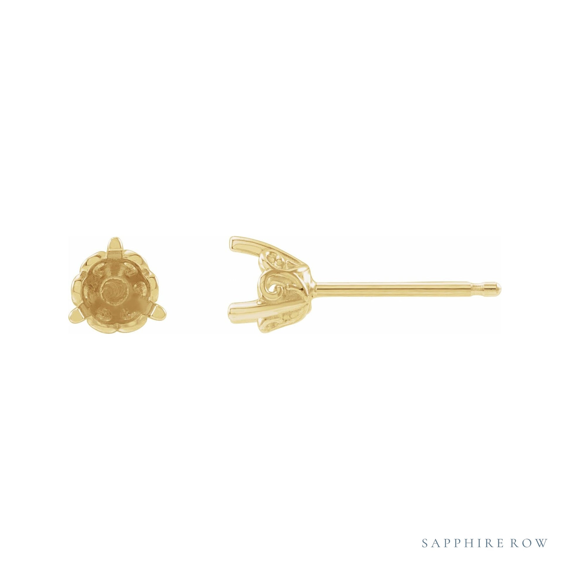 Sapphire Row Round 3-Prong Scroll Stud Earrings setting in 14K Yellow Gold, shown with a center stone (sold separately)