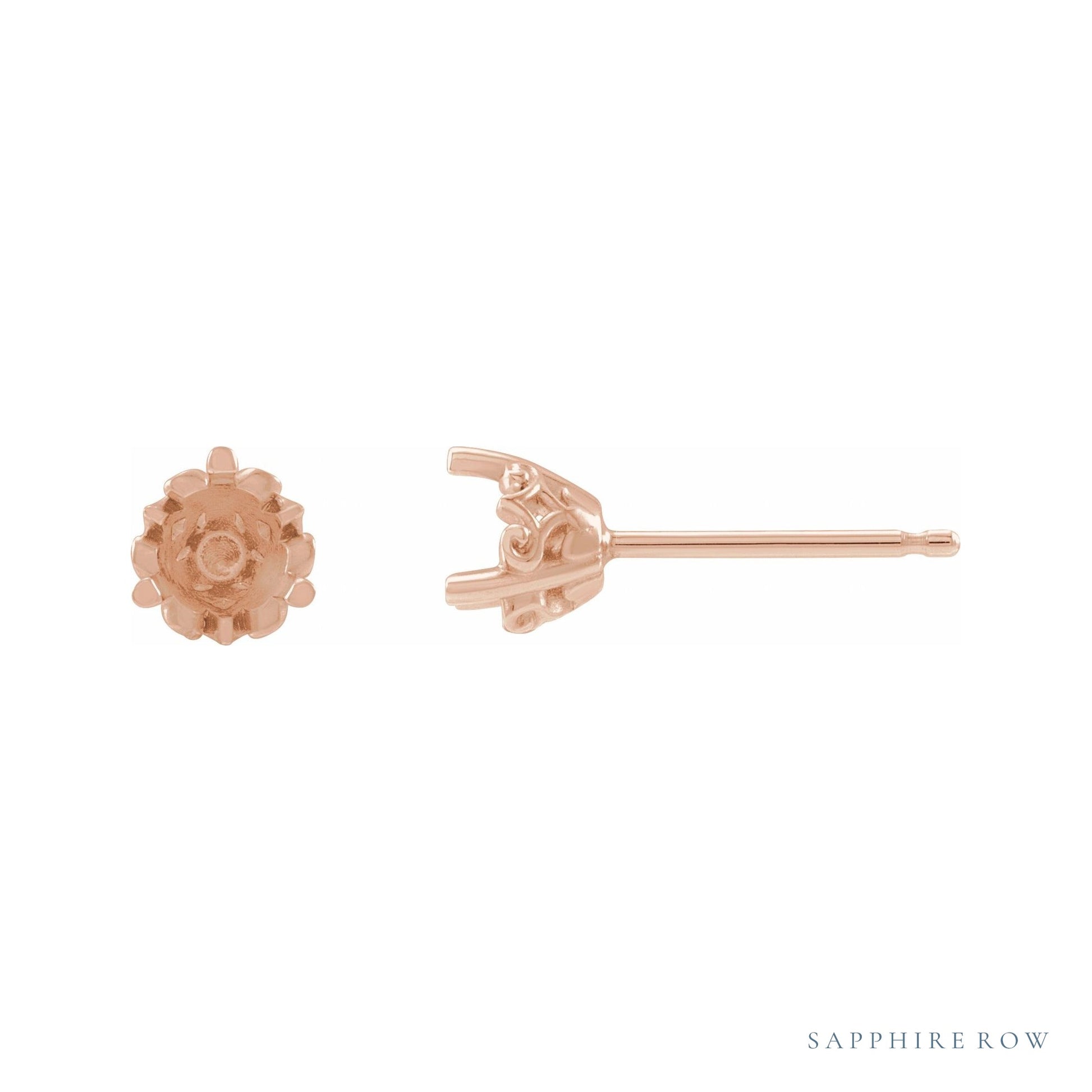 Sapphire Row Round 3-Prong Scroll Stud Earrings setting in 14K Rose Gold, shown with a center stone (sold separately)
