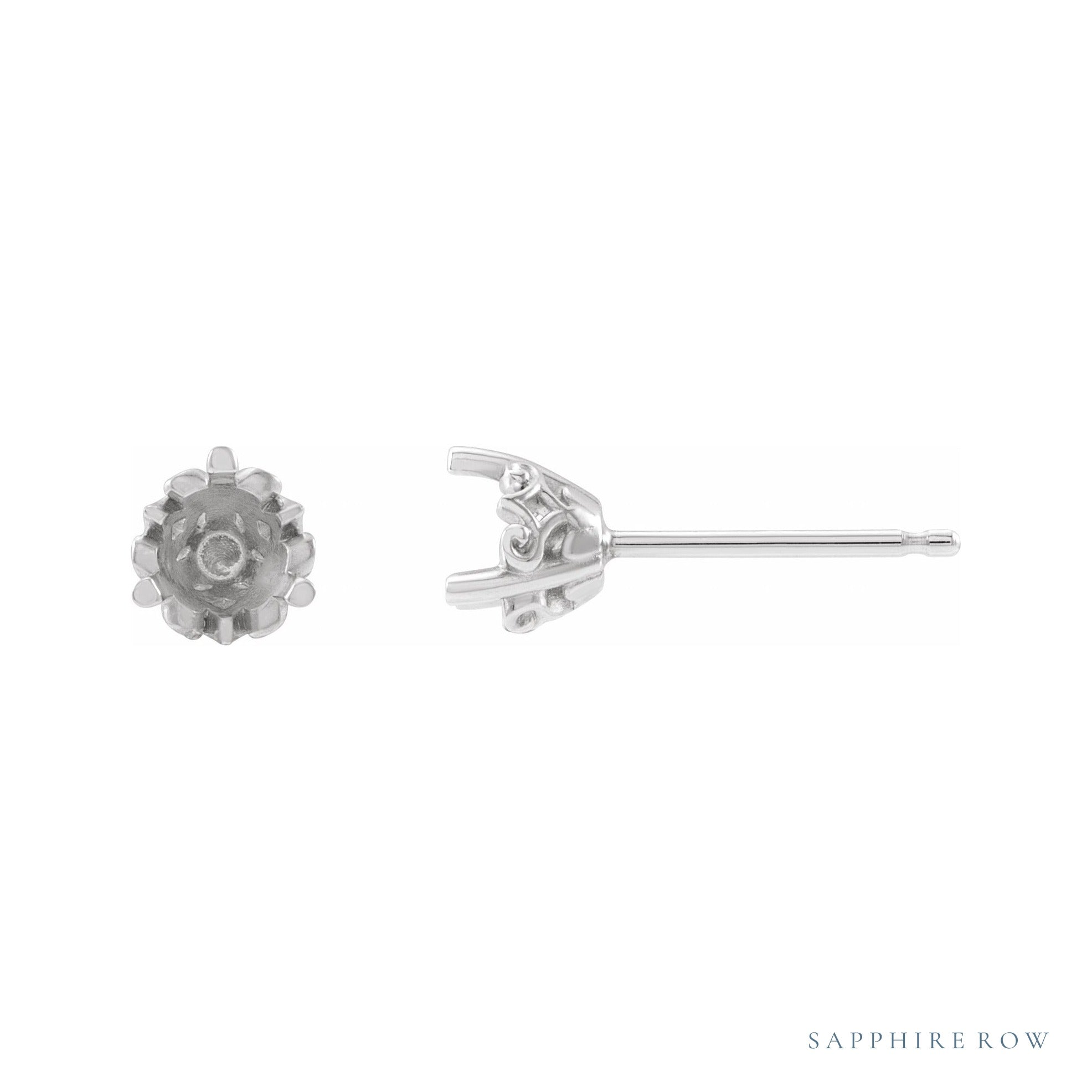 Sapphire Row Round 3-Prong Scroll Stud Earrings setting in 14K White Gold, shown with a center stone (sold separately)