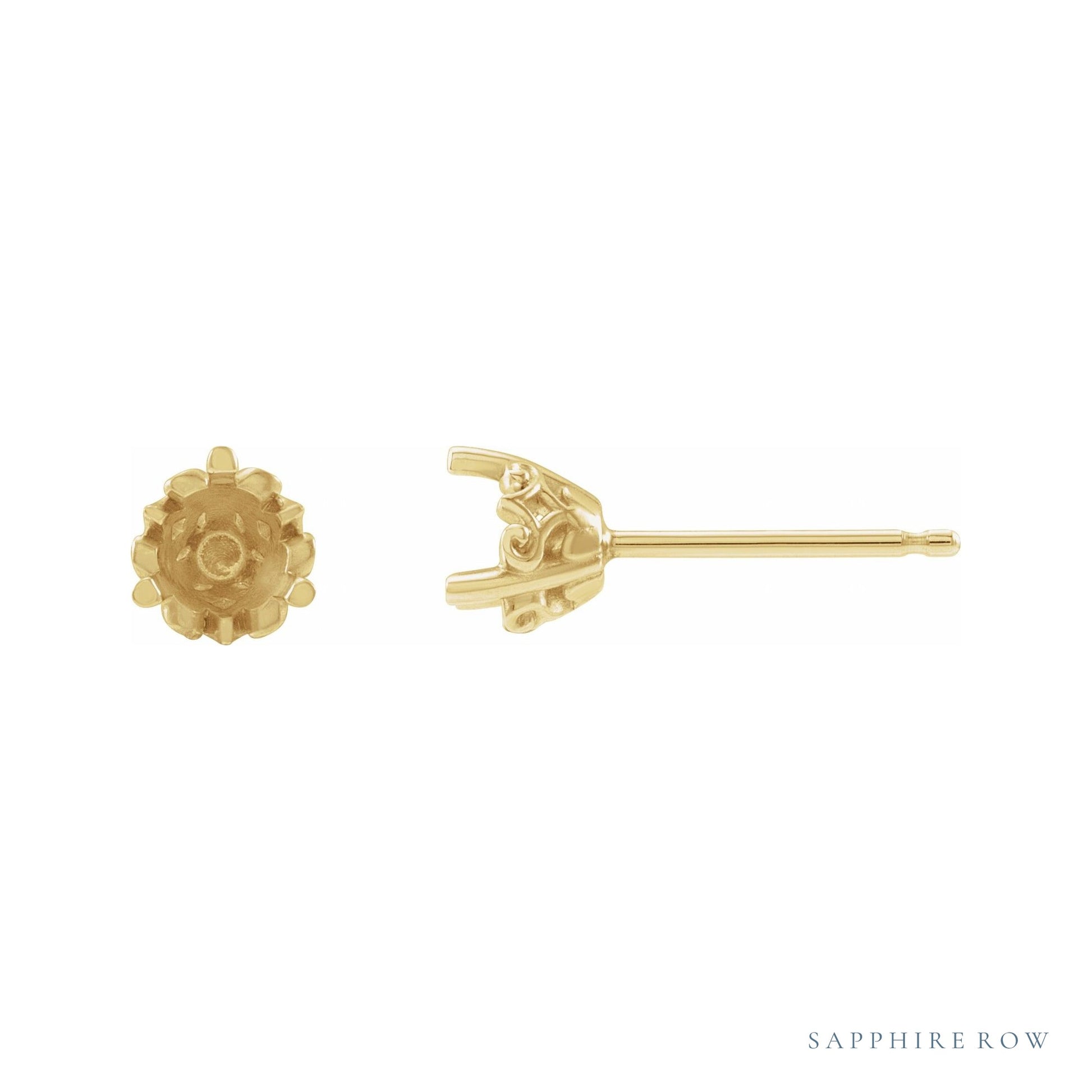 Sapphire Row Round 3-Prong Scroll Stud Earrings setting in 14K Yellow Gold, shown with a center stone (sold separately)