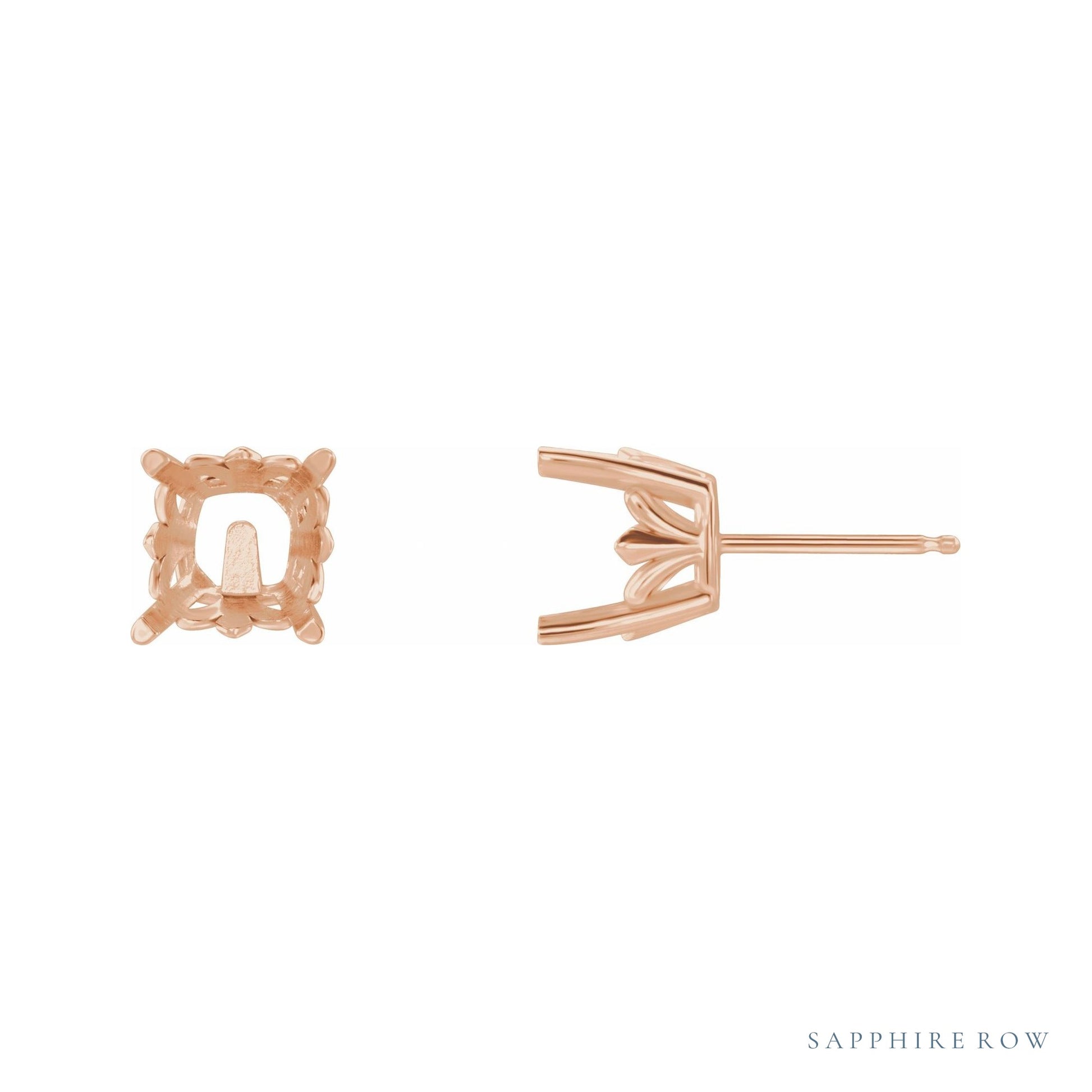 Sapphire Row Cushion 4-Prong Fleur-de-lis Stud Earrings setting in 14K Rose Gold, shown with a center stone (sold separately)