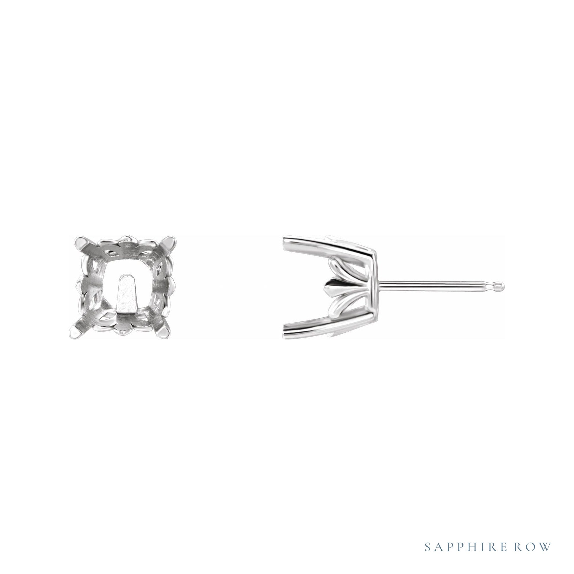 Sapphire Row Cushion 4-Prong Fleur-de-lis Stud Earrings setting in 14K White Gold, shown with a center stone (sold separately)