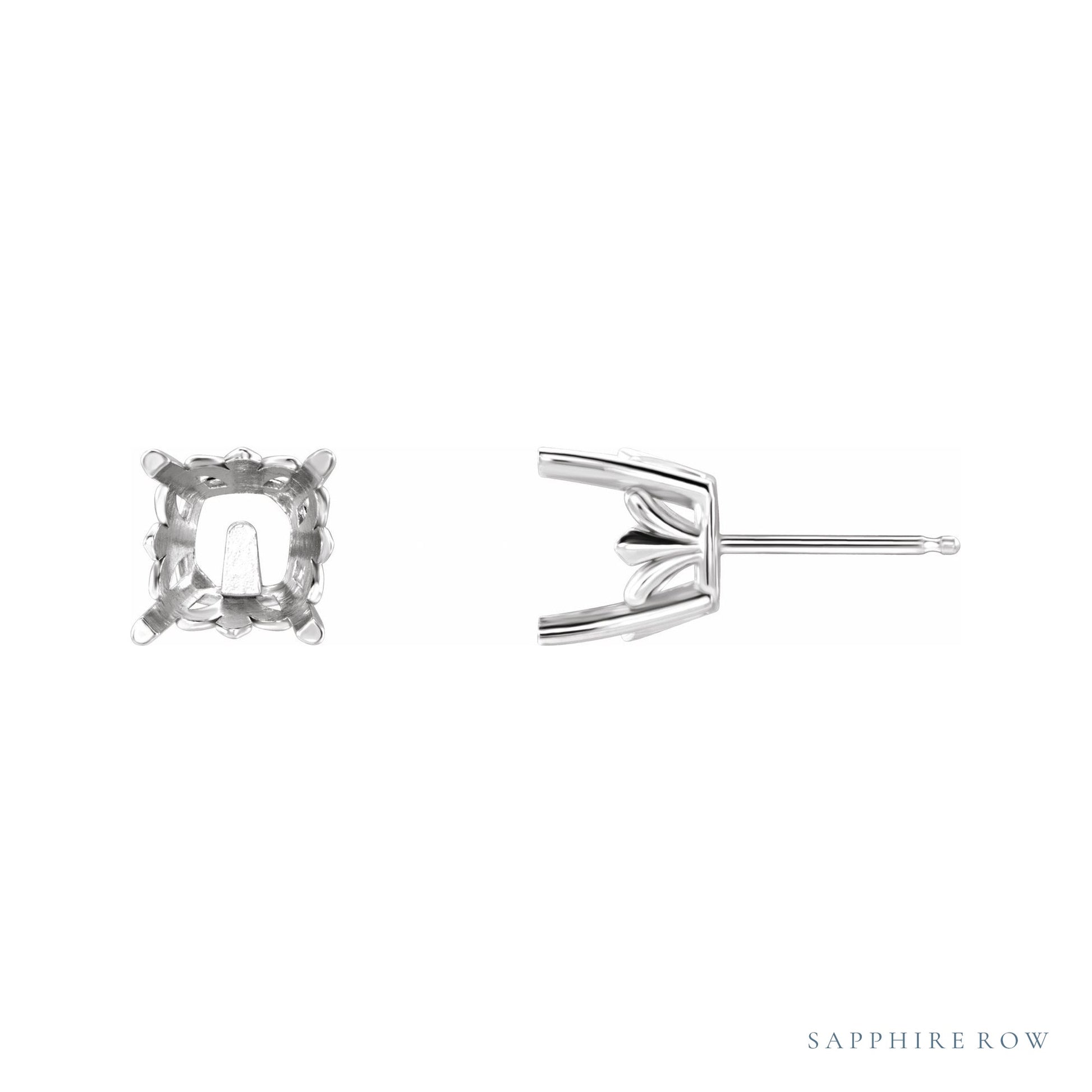 Sapphire Row Cushion 4-Prong Fleur-de-lis Stud Earrings setting in 14K White Gold, shown with a center stone (sold separately)