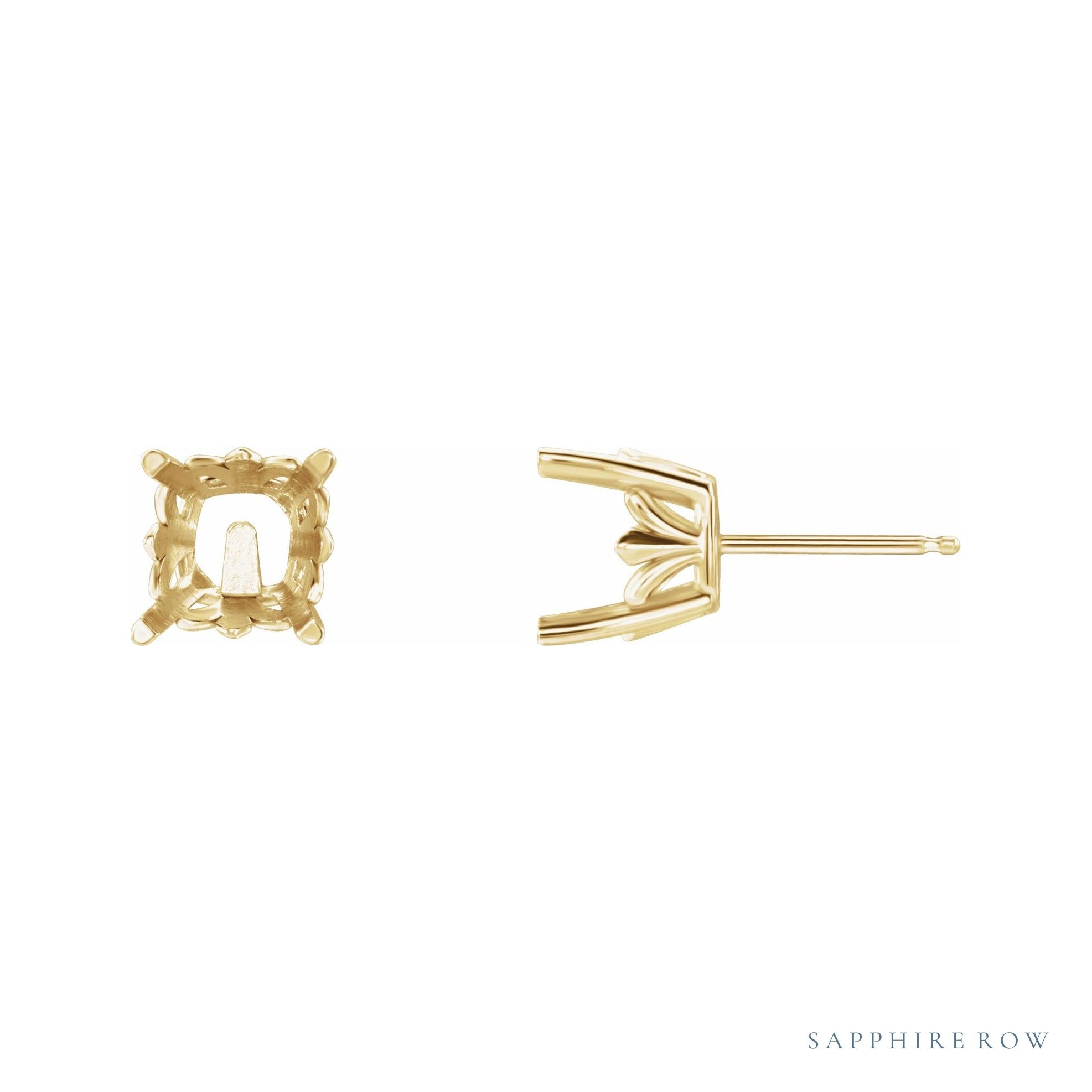 Sapphire Row Cushion 4-Prong Fleur-de-lis Stud Earrings setting in 14K Yellow Gold, shown with a center stone (sold separately)