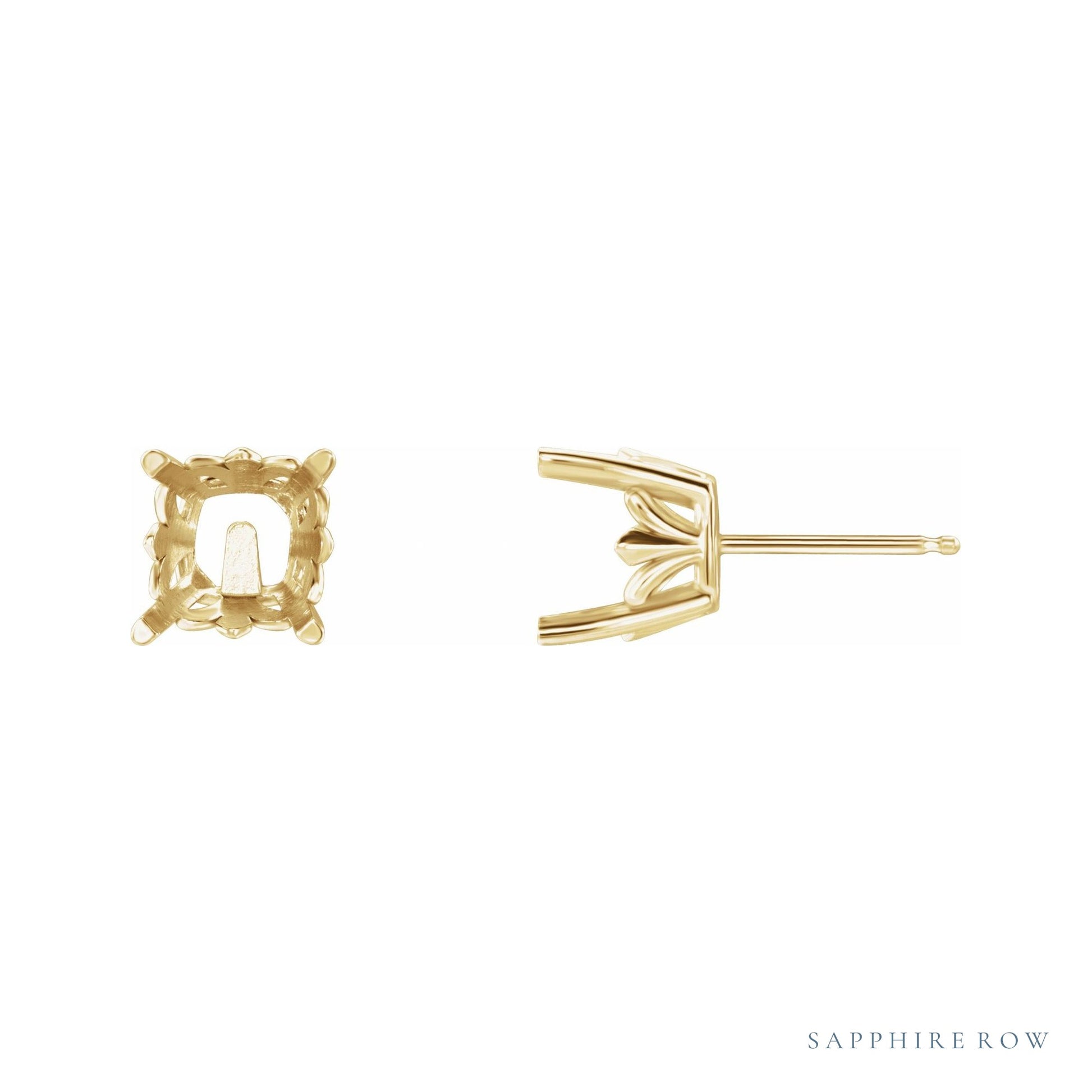 Sapphire Row Cushion 4-Prong Fleur-de-lis Stud Earrings setting in 14K Yellow Gold, shown with a center stone (sold separately)