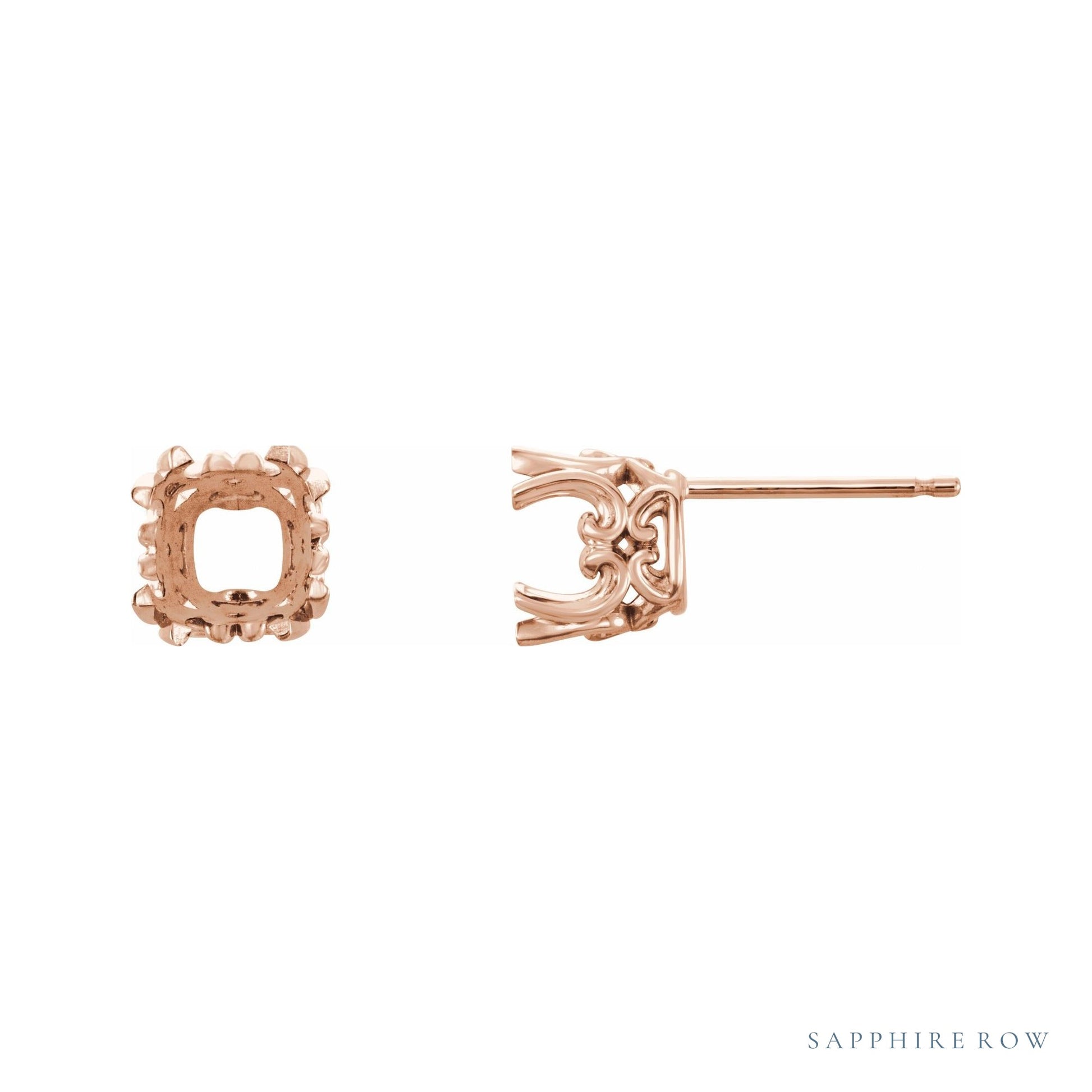 Sapphire Row Cushion Double 4-Prong Scroll Earrings setting in 14K Rose Gold, shown with a center stone (sold separately)