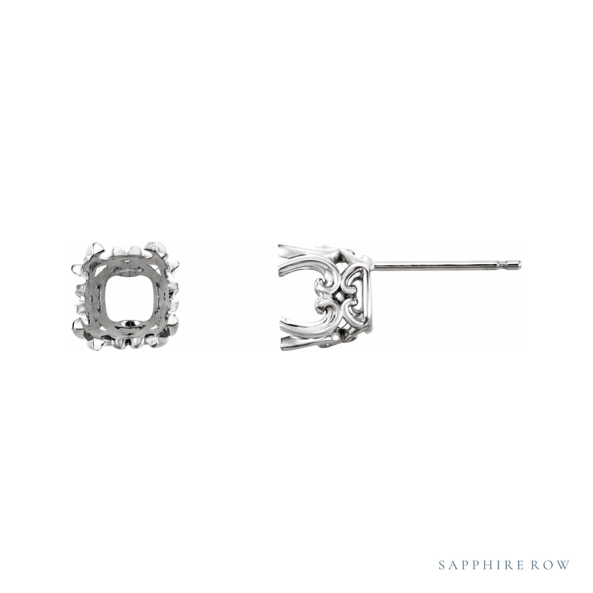 Sapphire Row Cushion Double 4-Prong Scroll Earrings setting in 14K White Gold, shown with a center stone (sold separately)