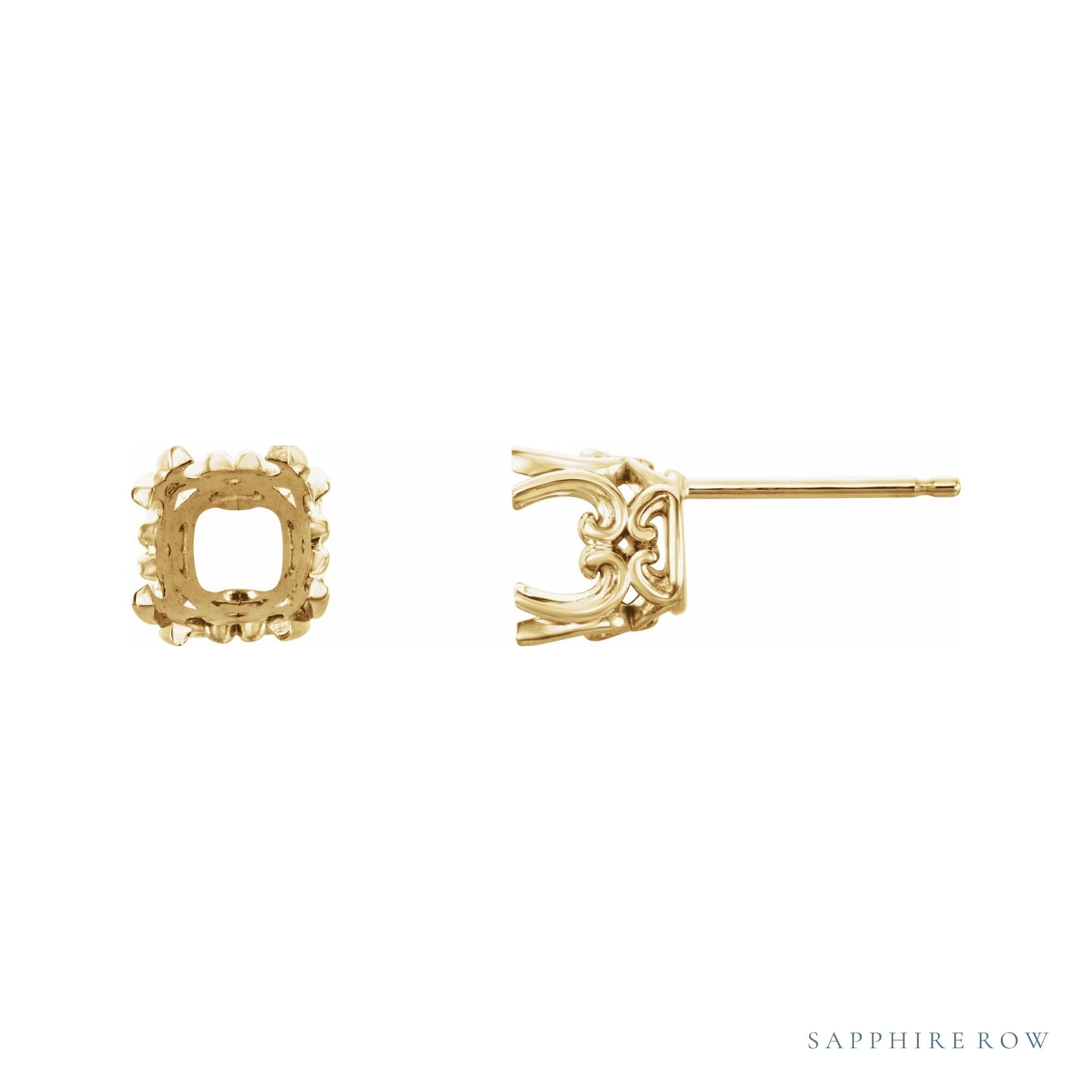 Sapphire Row Cushion Double 4-Prong Scroll Earrings setting in 14K Yellow Gold, shown with a center stone (sold separately)