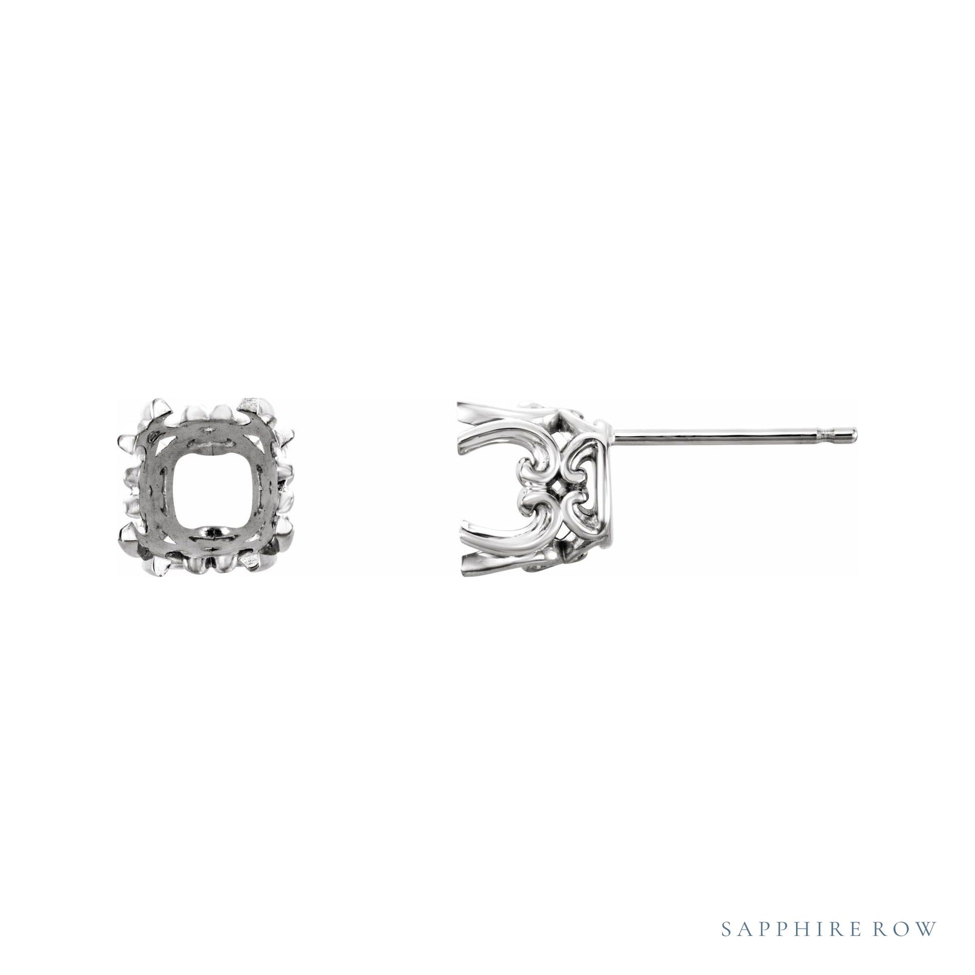 Sapphire Row Cushion Double 4-Prong Scroll Earrings setting in Platinum, shown with a center stone (sold separately)