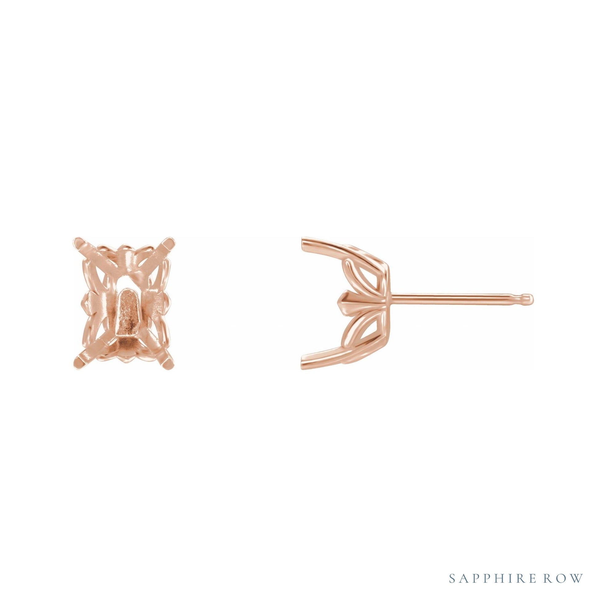 Sapphire Row Emerald 4-Prong Fleur-de-lis Stud Earrings setting in 14K Rose Gold, shown with a center stone (sold separately)