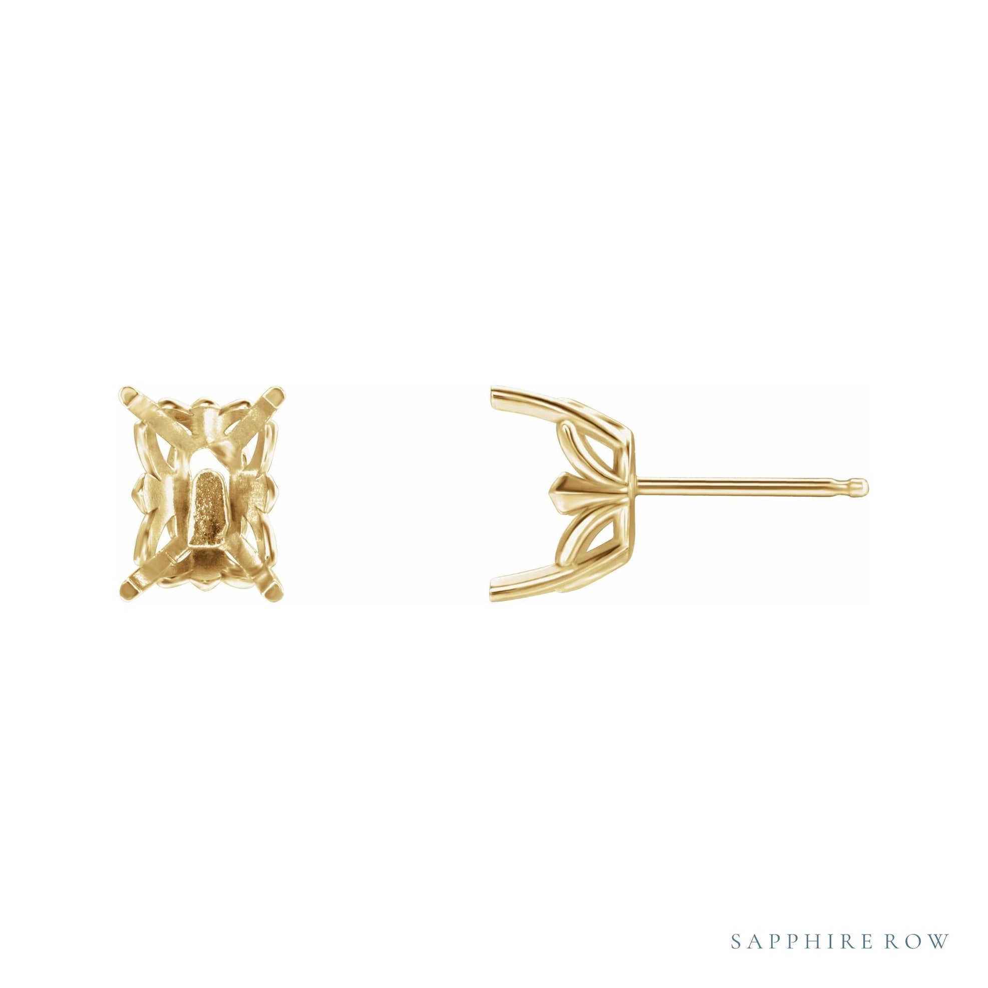 Sapphire Row Emerald 4-Prong Fleur-de-lis Stud Earrings setting in 14K Yellow Gold, shown with a center stone (sold separately)