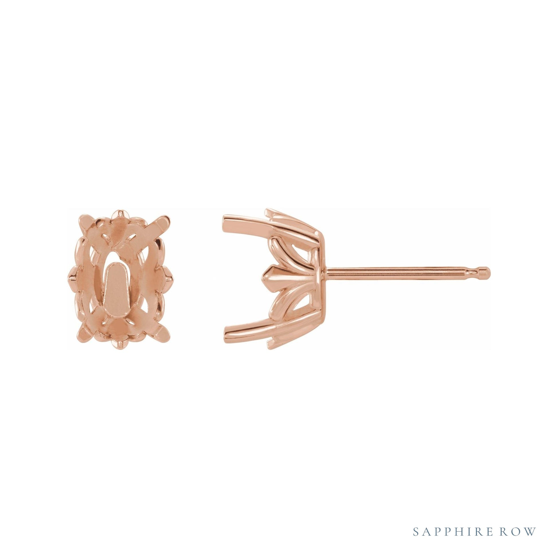 Sapphire Row Oval 4-Prong Fleur-de-lis Earrings setting in 14K Rose Gold, shown with a center stone (sold separately)