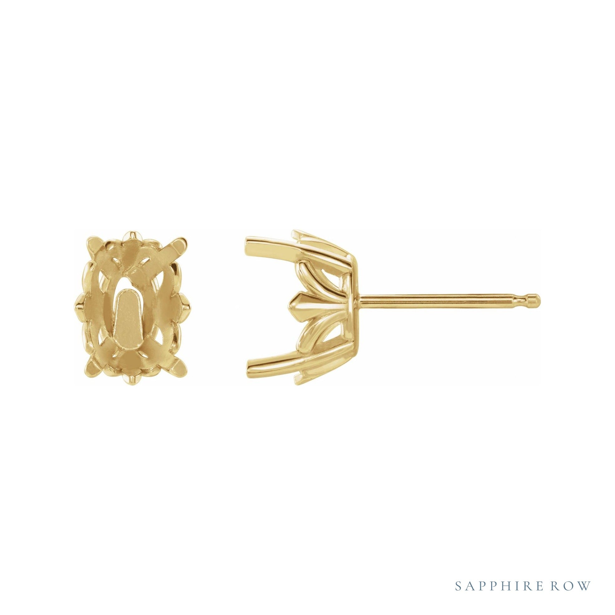 Sapphire Row Oval 4-Prong Fleur-de-lis Earrings setting in 14K Yellow Gold, shown with a center stone (sold separately)
