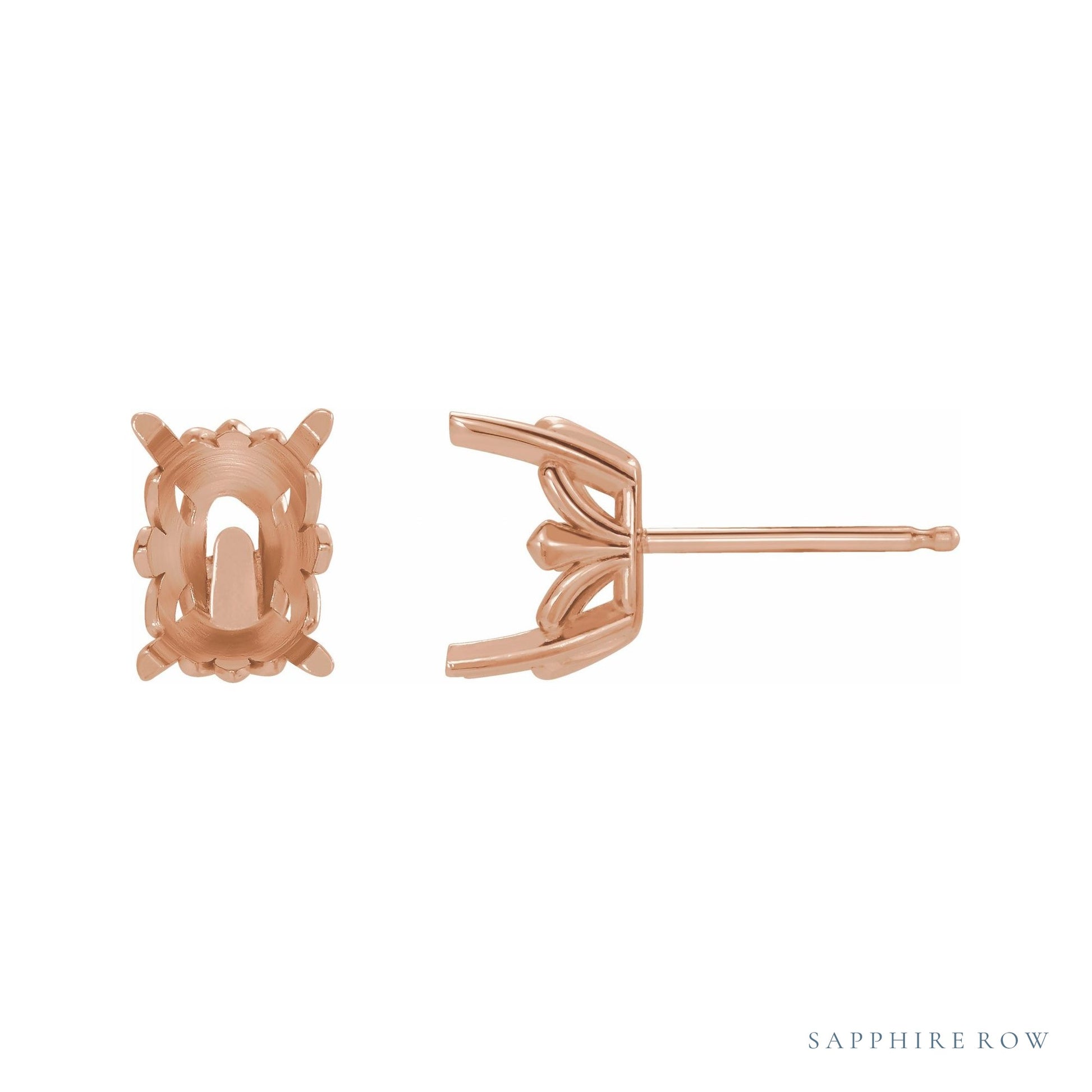 Sapphire Row Elongated Cushion 4-Prong Fleur-de-lis Stud Earrings setting in 14K Rose Gold, shown with a center stone (sold separately)