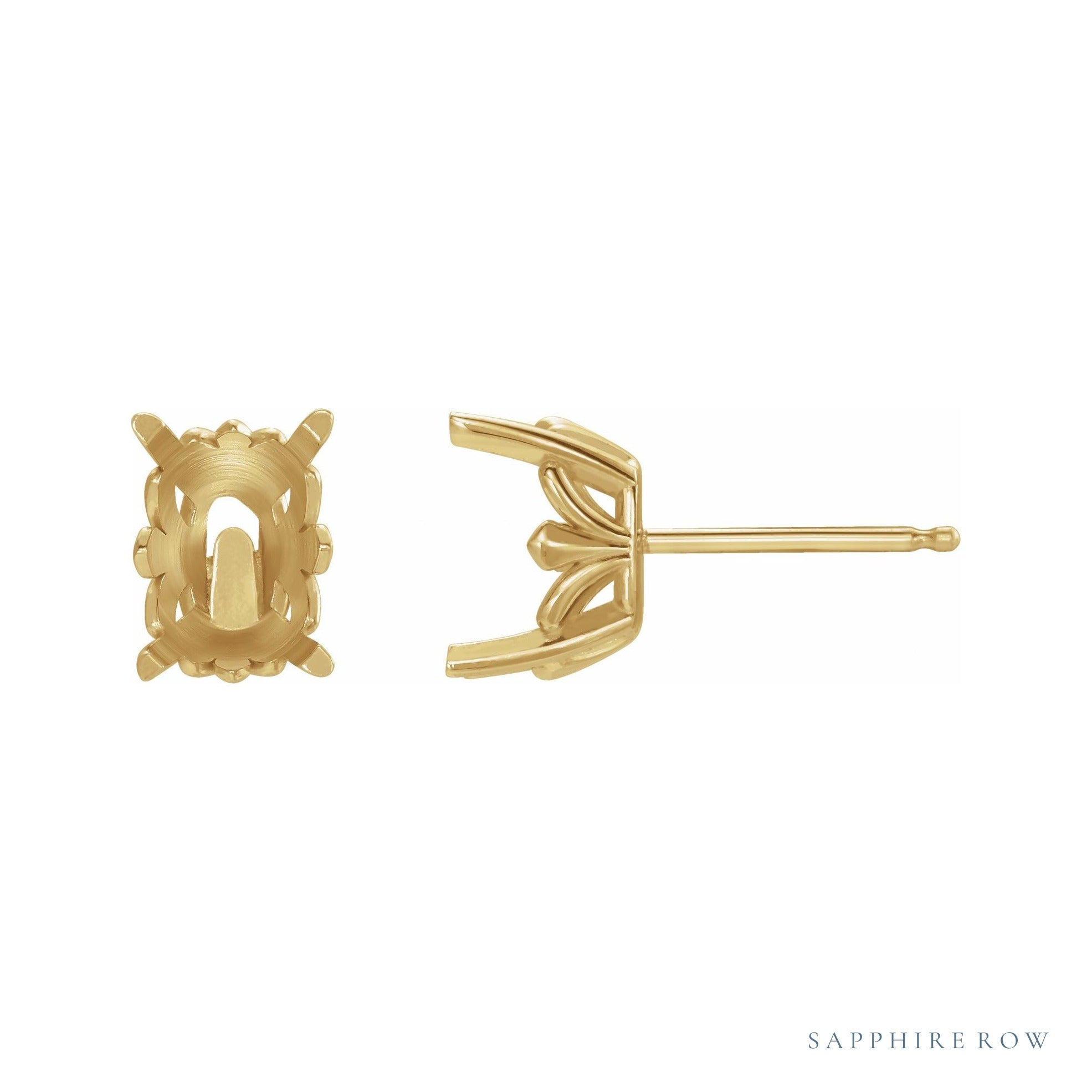 Sapphire Row Elongated Cushion 4-Prong Fleur-de-lis Stud Earrings setting in 14K Yellow Gold, shown with a center stone (sold separately)