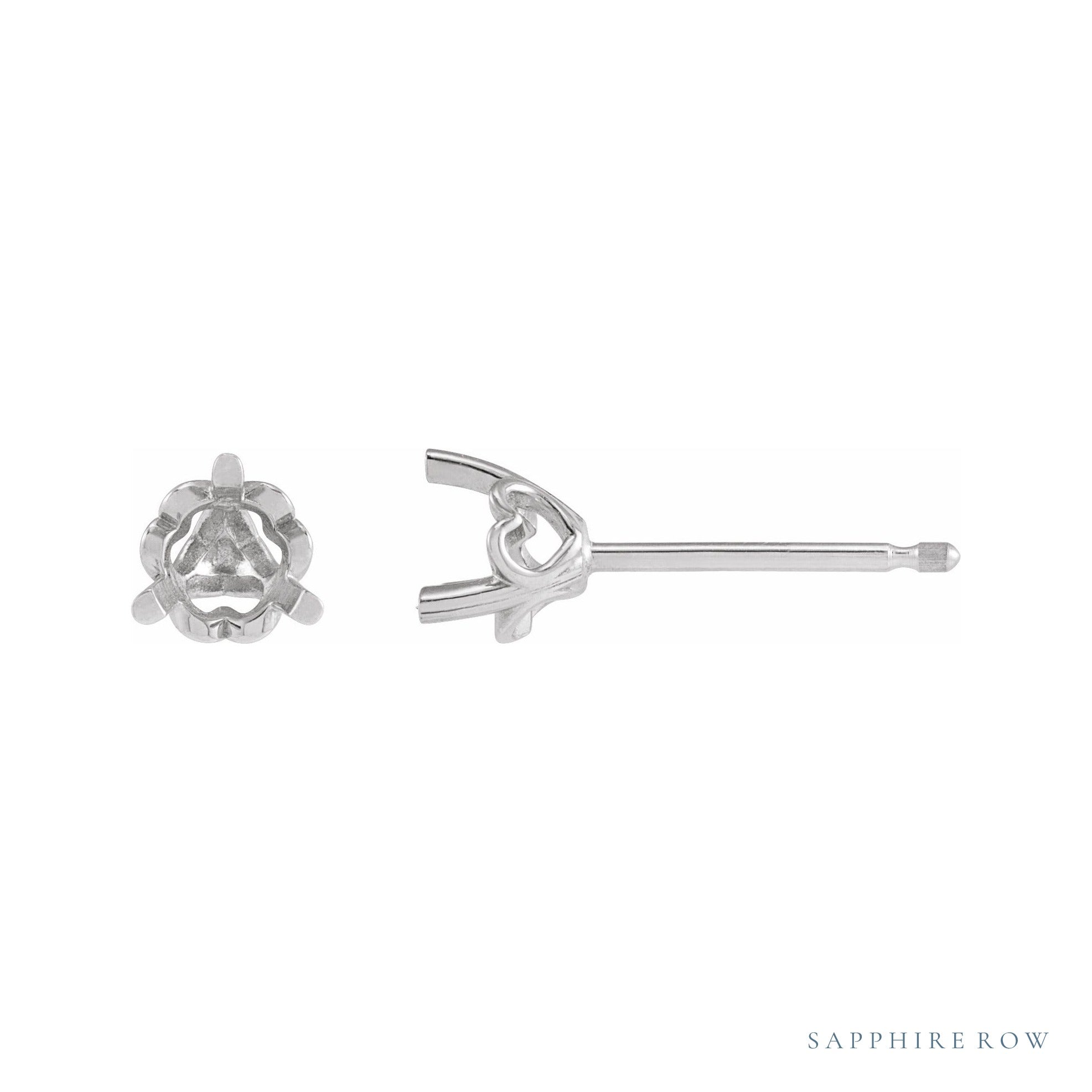 Sapphire Row Round 3-Prong Heart Stud Earrings setting in 14K White Gold, shown with a center stone (sold separately)