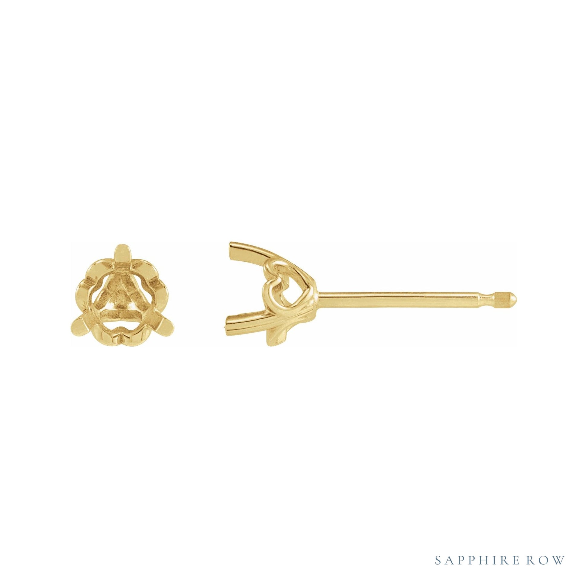 Sapphire Row Round 3-Prong Heart Stud Earrings setting in 14K Yellow Gold, shown with a center stone (sold separately)