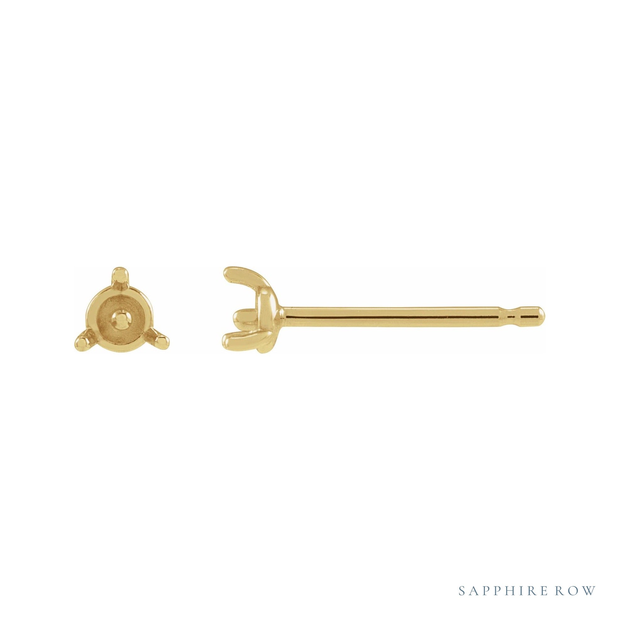 Sapphire Row Seed Pearl 3-Prong Stud Earrings setting in 14K Yellow Gold, shown without a pearl (pearl sold separately)