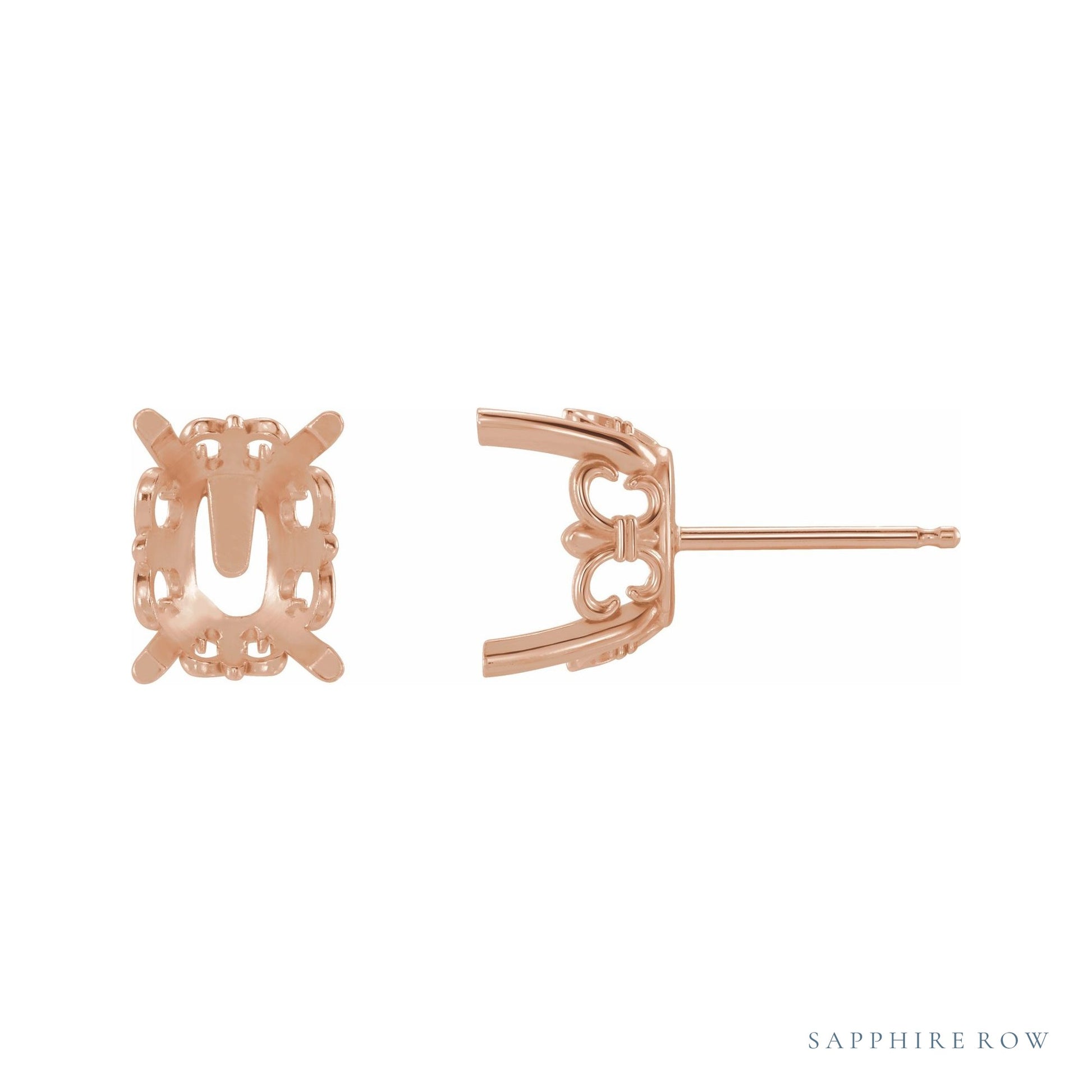 Sapphire Row Elongated Cushion 4-Prong Fleur-de-lis Earrings setting in 14K Rose Gold, shown with a center stone (sold separately)