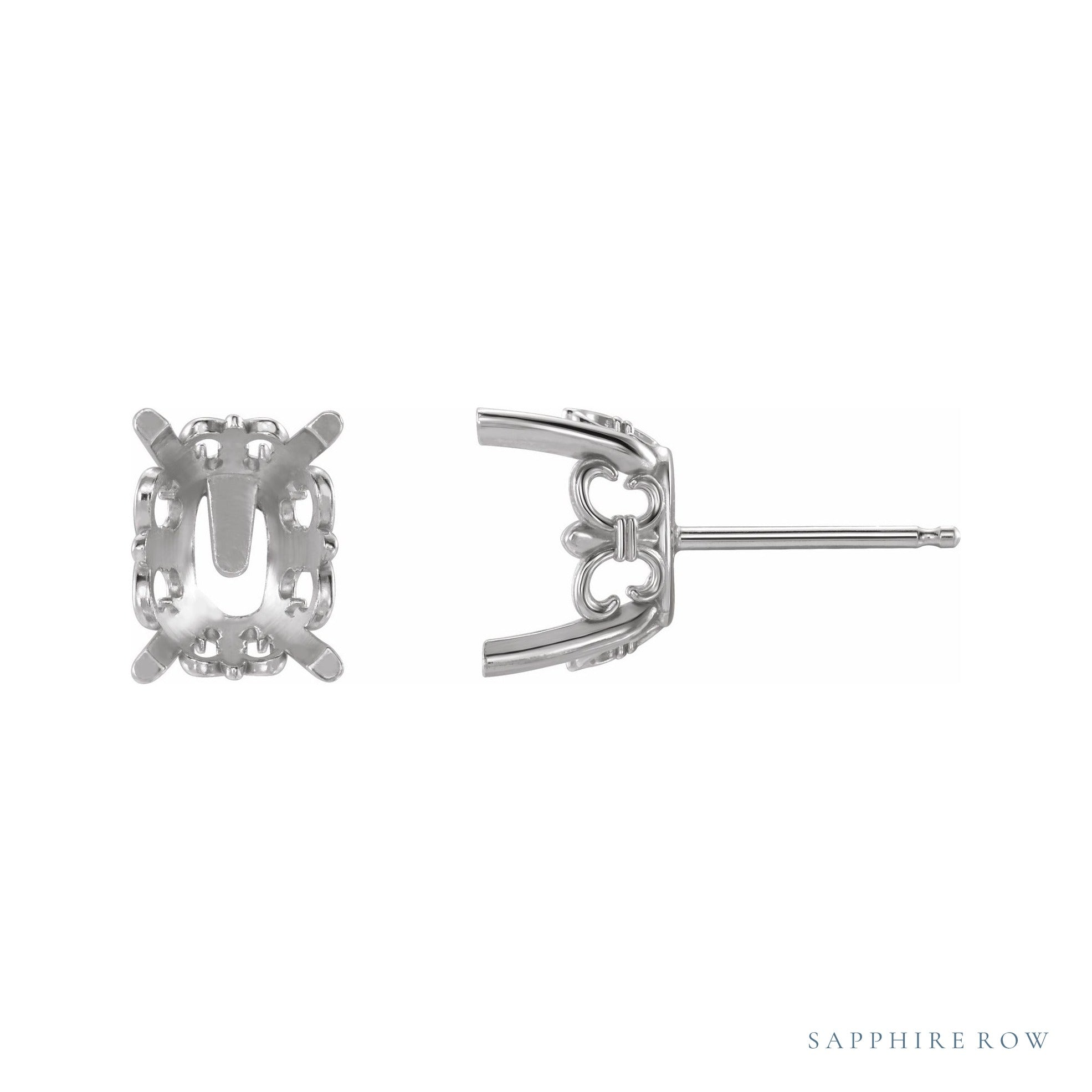 Sapphire Row Elongated Cushion 4-Prong Fleur-de-lis Earrings setting in 14K White Gold, shown with a center stone (sold separately)