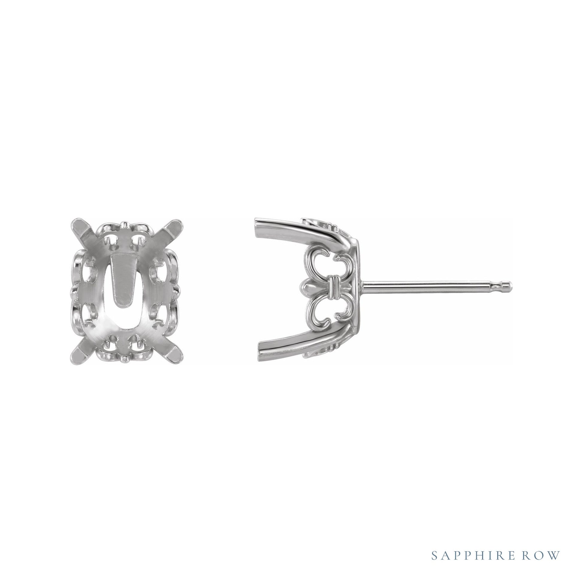 Sapphire Row Elongated Cushion 4-Prong Fleur-de-lis Earrings setting in 14K White Gold, shown with a center stone (sold separately)