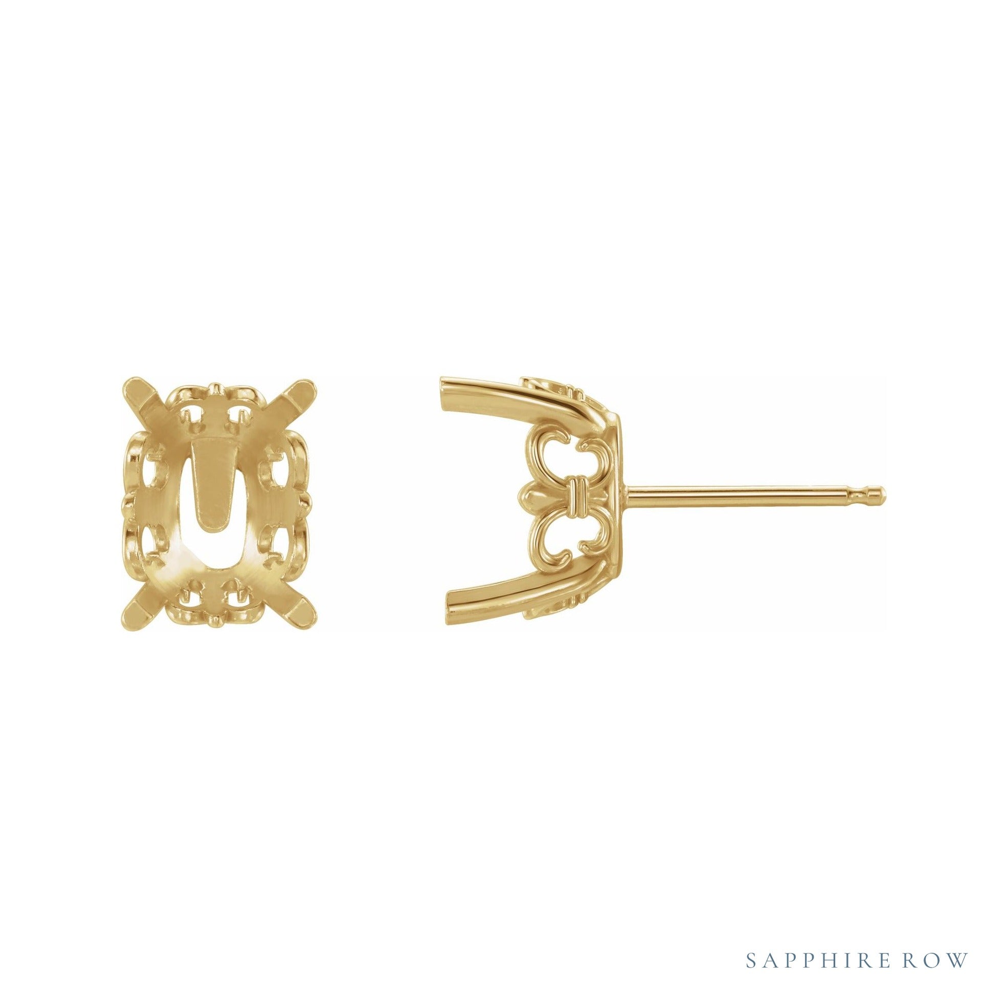 Sapphire Row Elongated Cushion 4-Prong Fleur-de-lis Earrings setting in 14K Yellow Gold, shown with a center stone (sold separately)