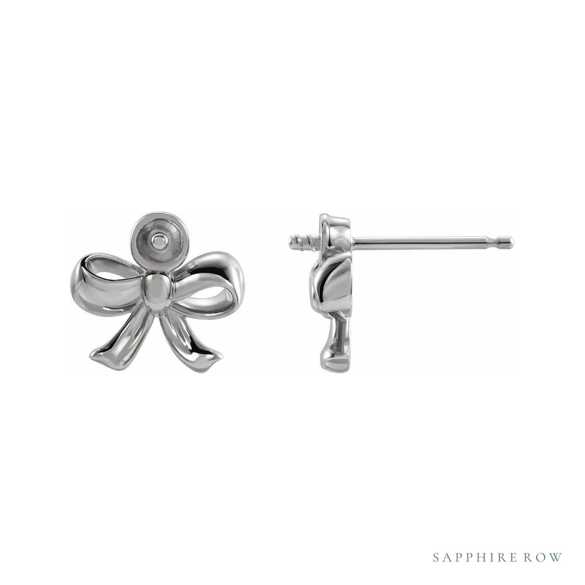 Sapphire Row Pearl Bow Earrings setting in 14K White Gold, shown without a pearl (pearl sold separately)