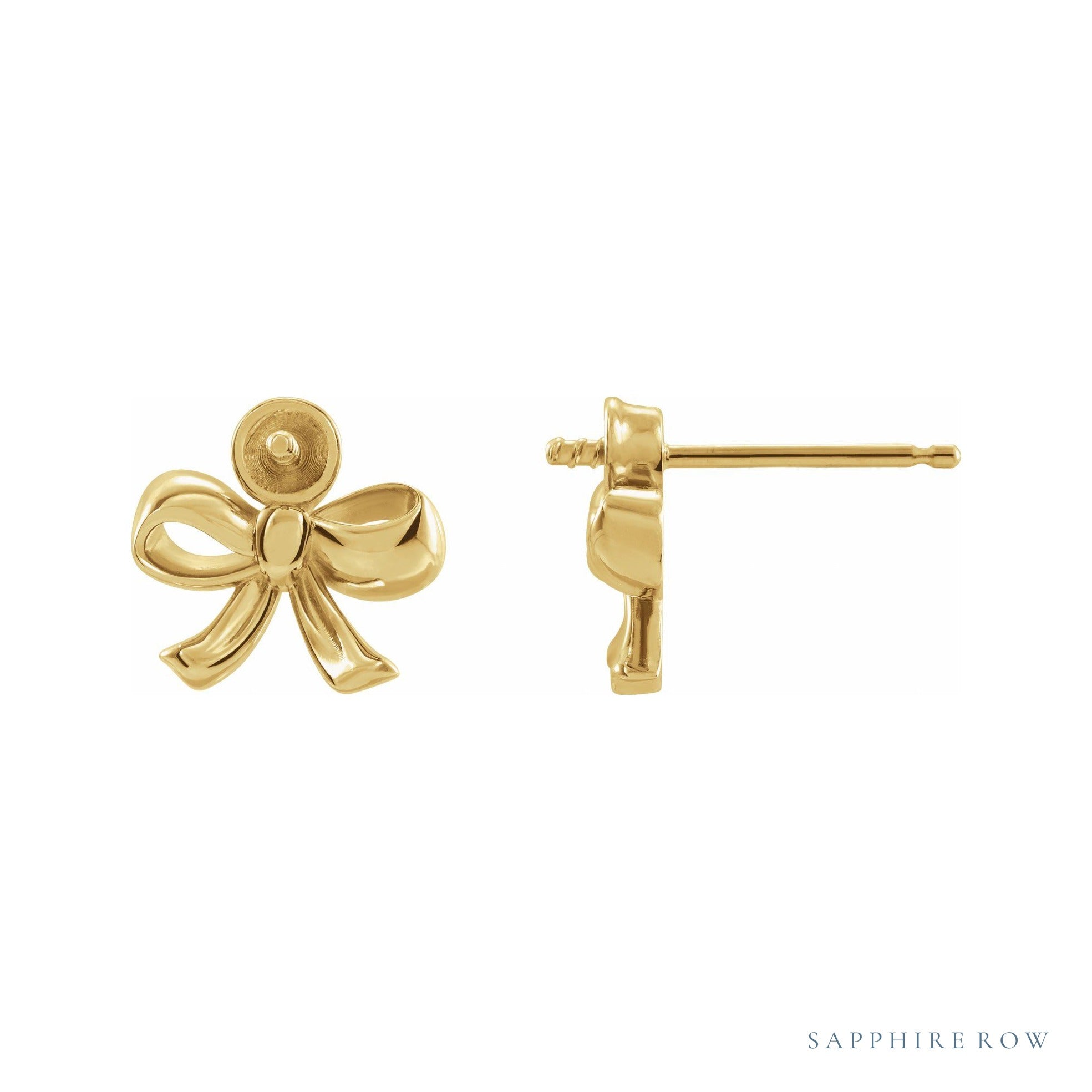 Sapphire Row Pearl Bow Earrings setting in 14K Yellow Gold, shown without a pearl (pearl sold separately)