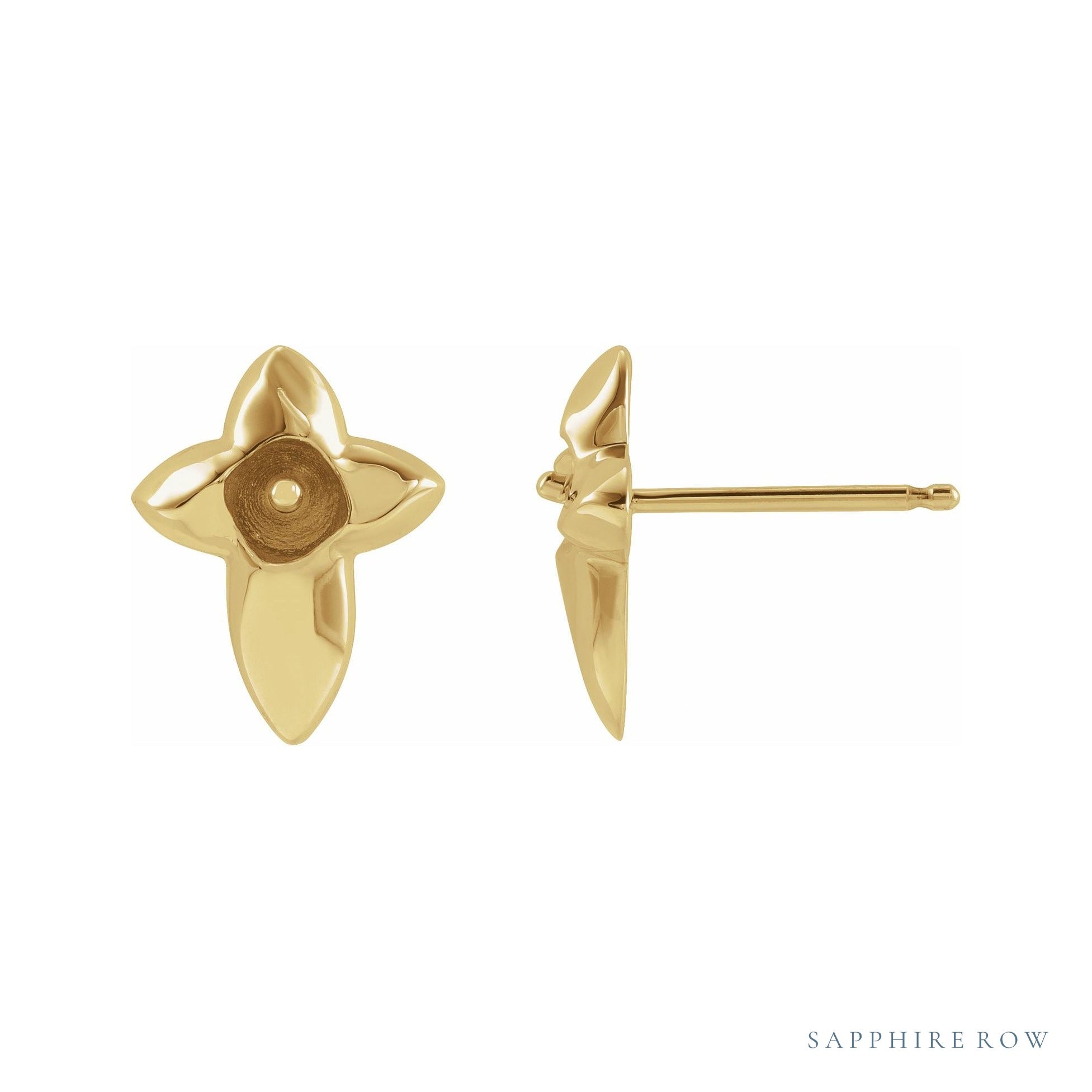 Sapphire Row Pearl Cross Earrings setting in 14K Yellow Gold, shown without a pearl (pearl sold separately)