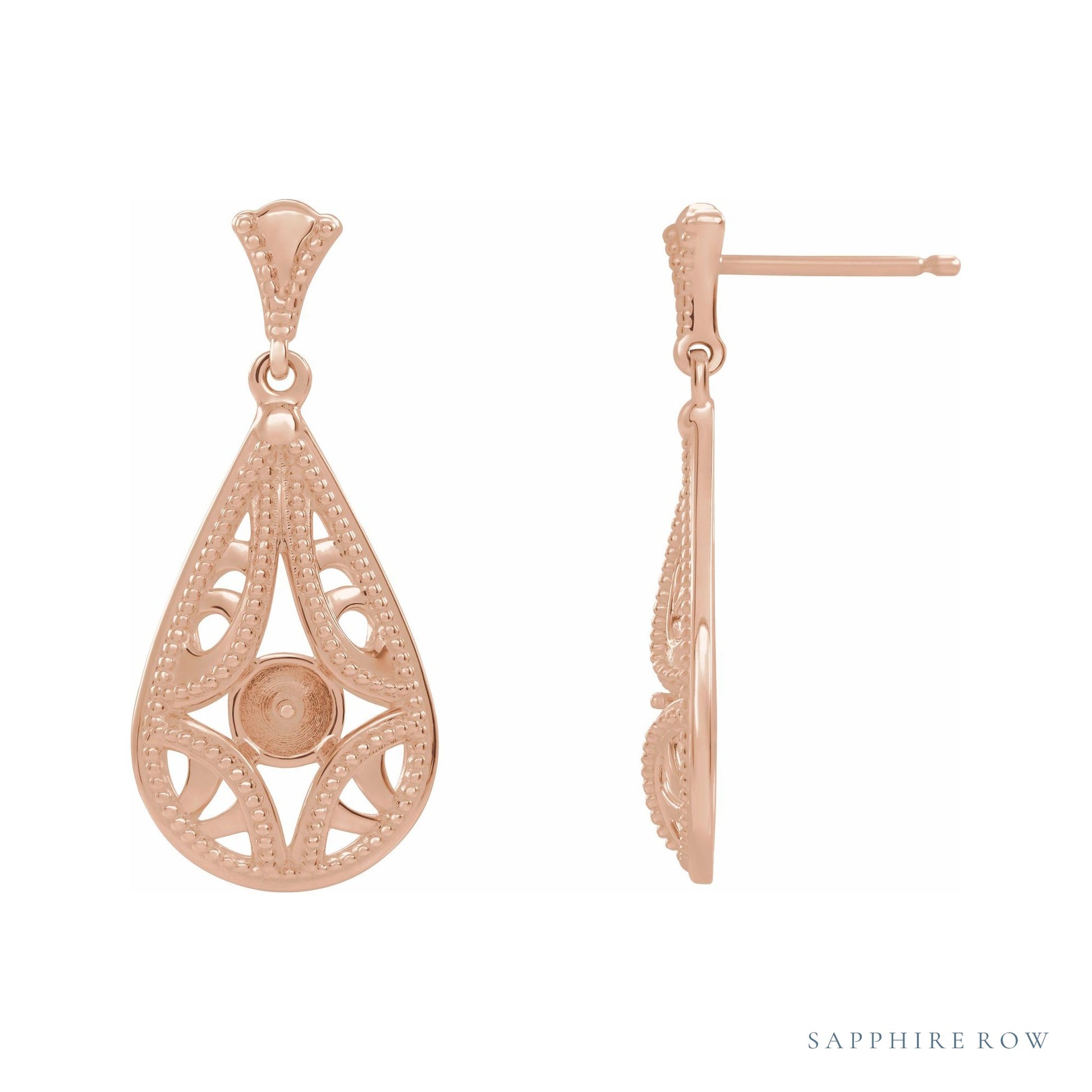 Sapphire Row Vintage-Inspired Pearl Earrings setting in 14K Rose Gold, shown without a pearl (pearl sold separately)