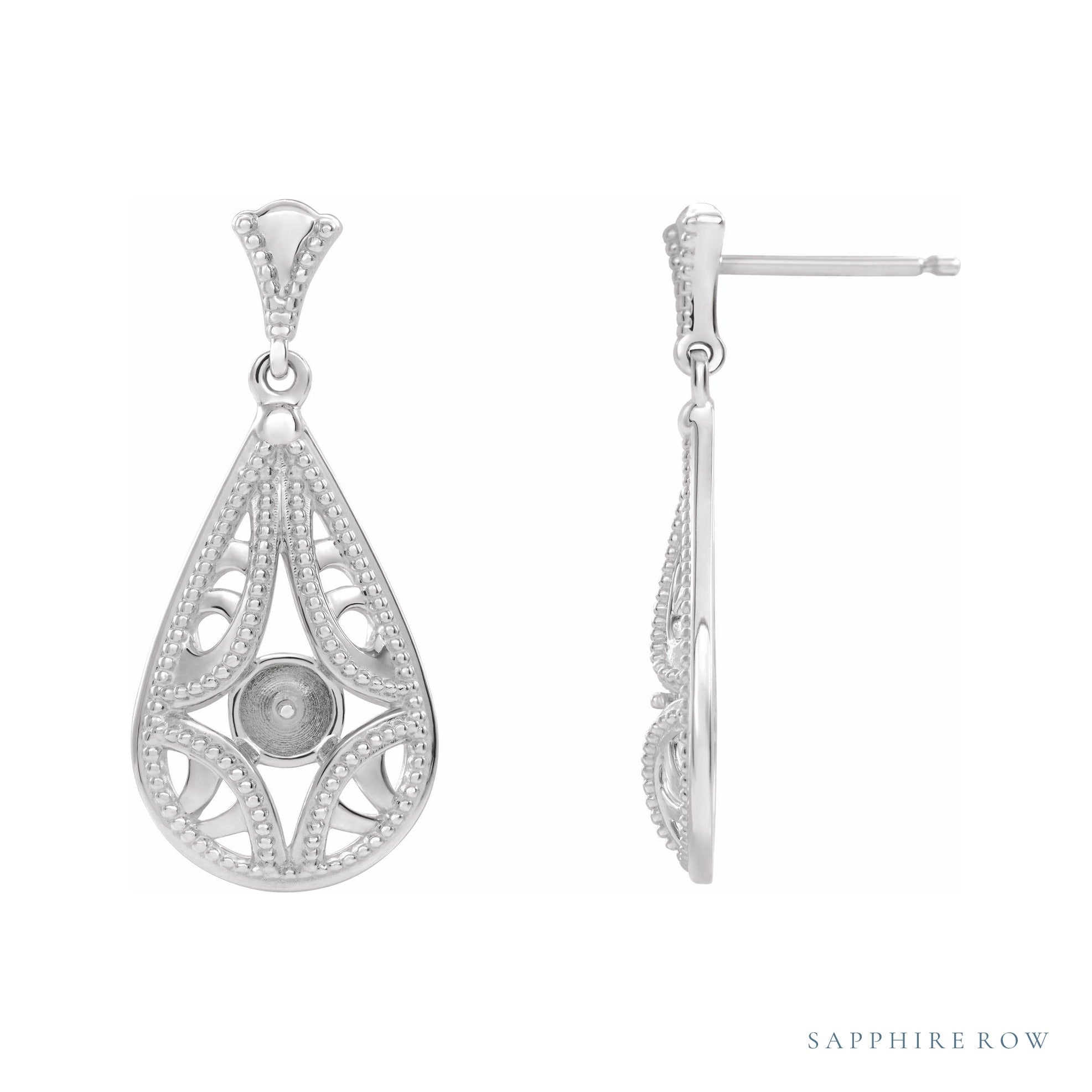Sapphire Row Vintage-Inspired Pearl Earrings setting in 14K White Gold, shown without a pearl (pearl sold separately)