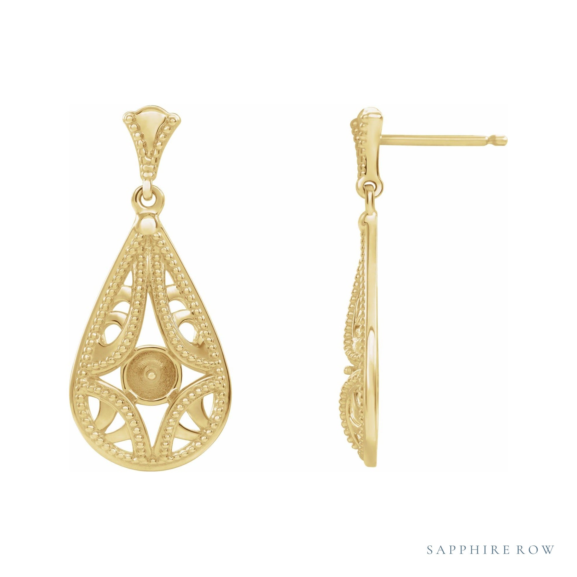 Sapphire Row Vintage-Inspired Pearl Earrings setting in 14K Yellow Gold, shown without a pearl (pearl sold separately)