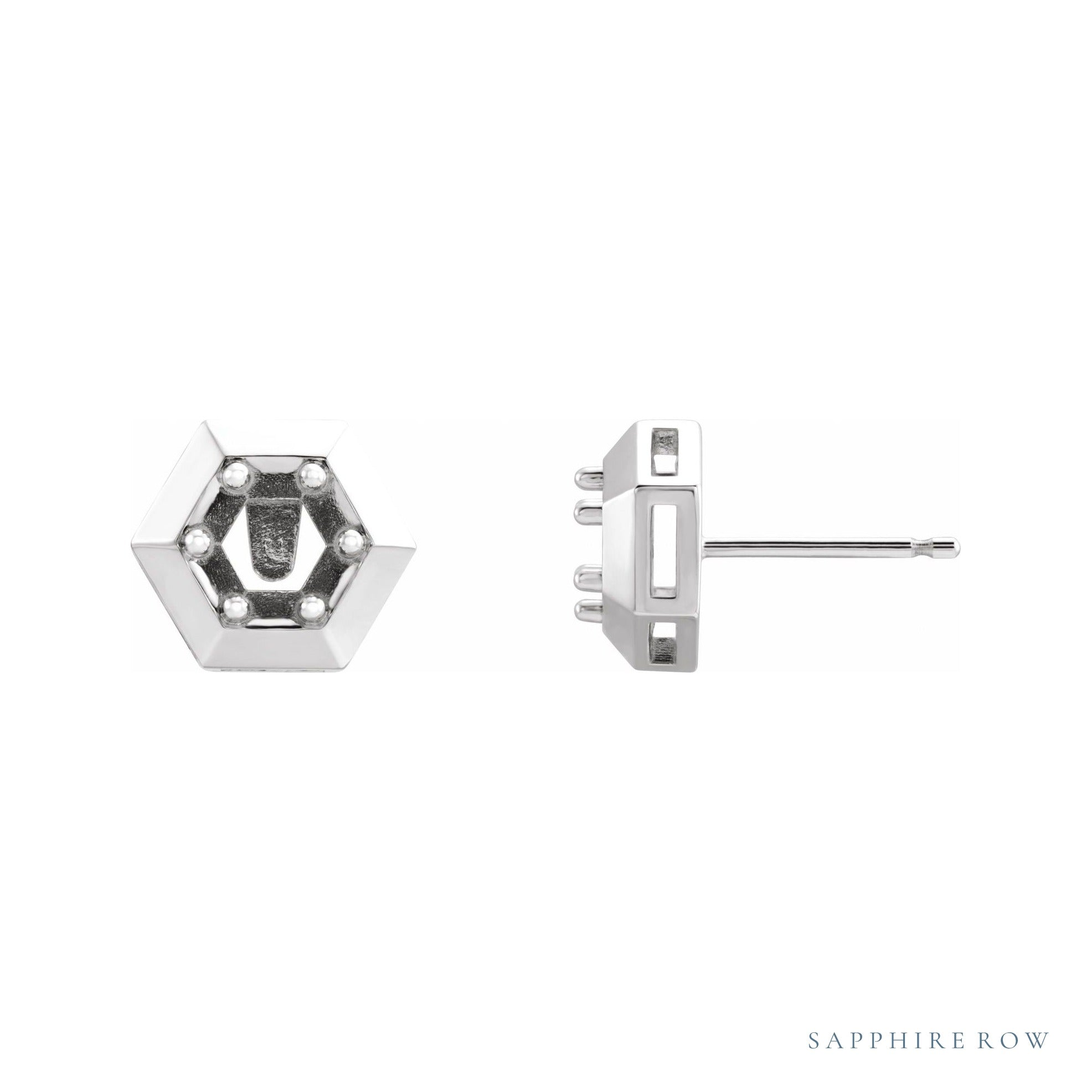 Sapphire Row Round 3-Prong Geometric Earrings setting in 14K White Gold, shown with a center stone (sold separately)