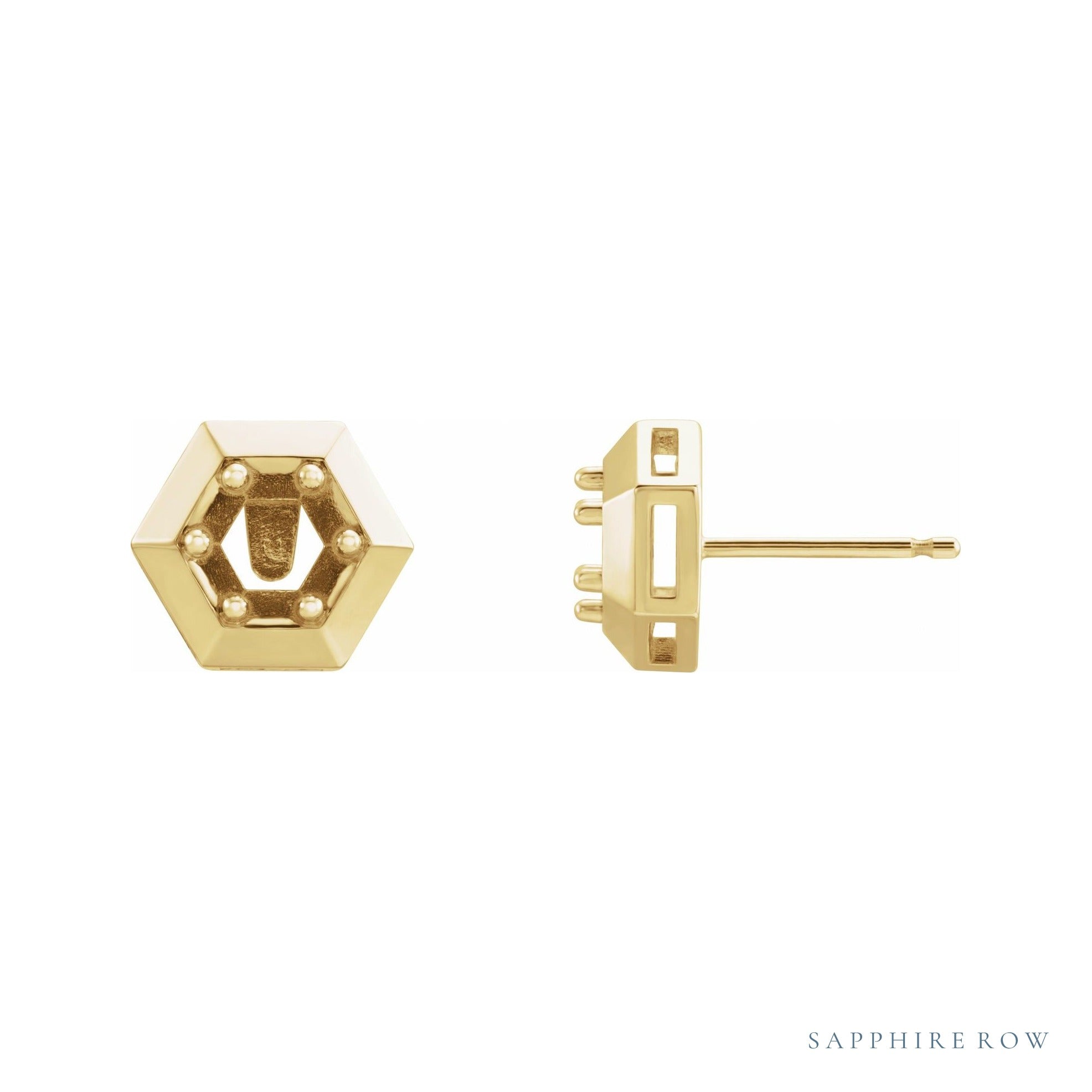 Sapphire Row Round 3-Prong Geometric Earrings setting in 14K Yellow Gold, shown with a center stone (sold separately)