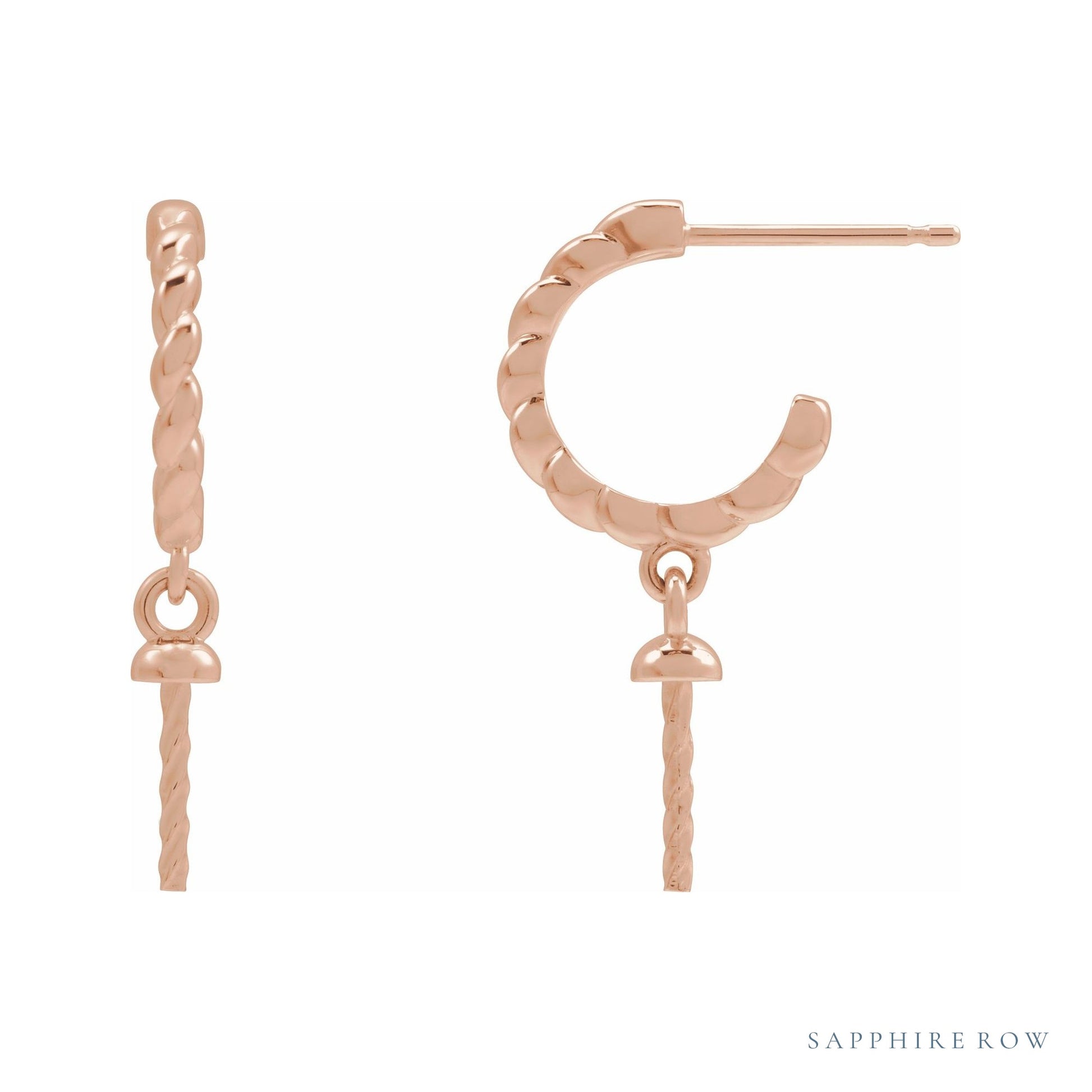 Sapphire Row Pearl Hoop Earrings setting in 14K Rose Gold, shown without a pearl (pearl sold separately)