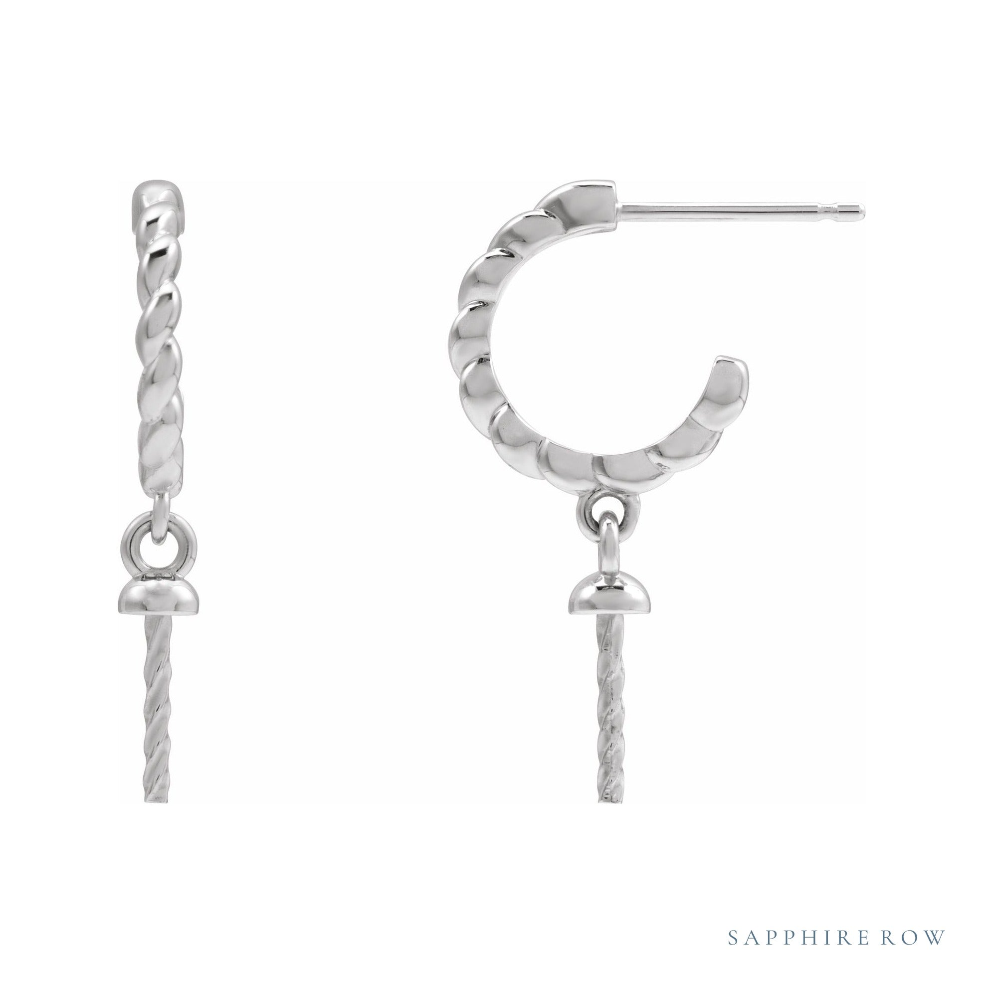 Sapphire Row Pearl Hoop Earrings setting in 14K White Gold, shown without a pearl (pearl sold separately)