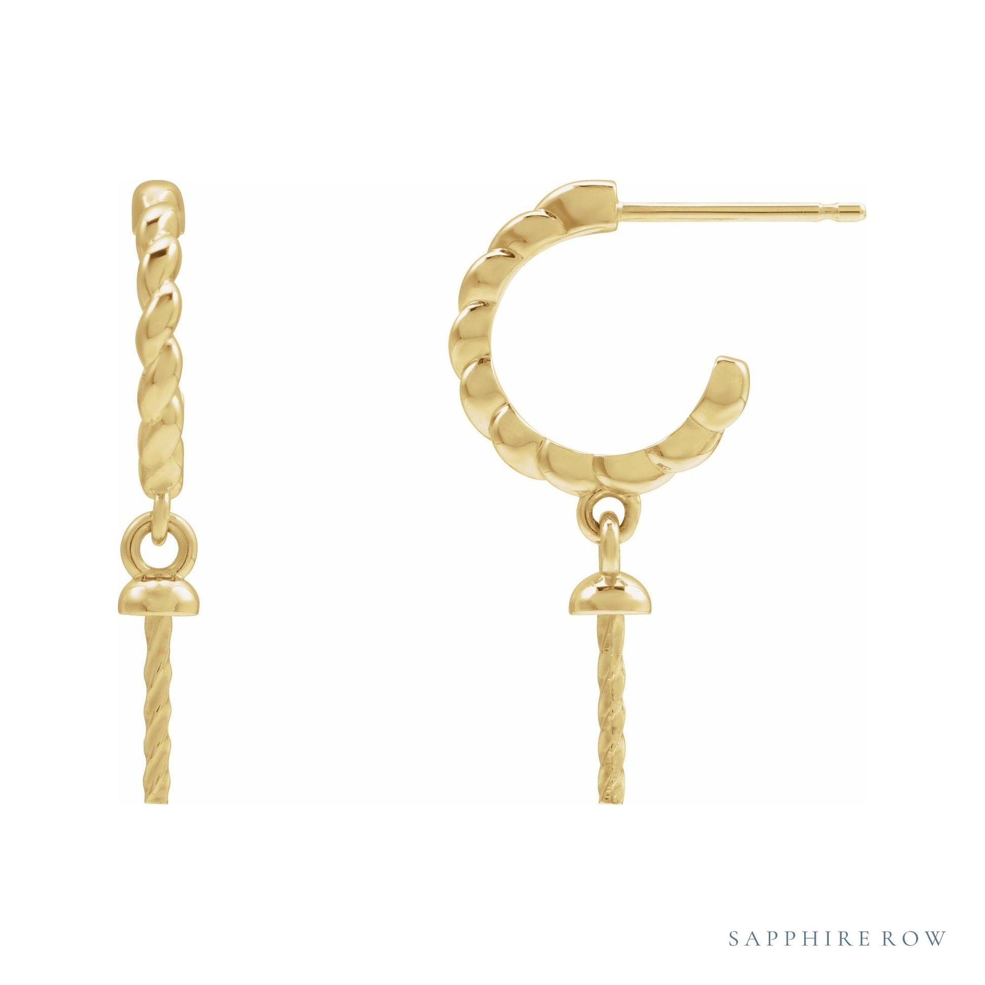 Sapphire Row Pearl Hoop Earrings setting in 14K Yellow Gold, shown without a pearl (pearl sold separately)