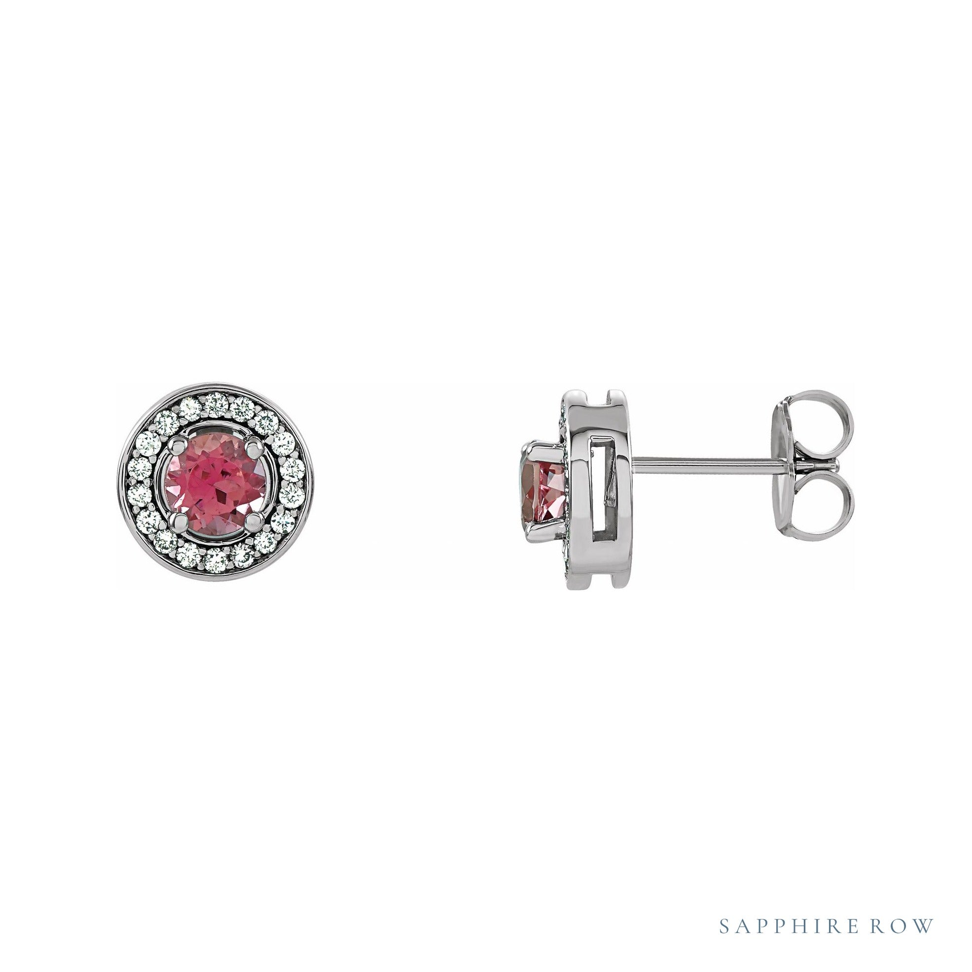 Sapphire Row Round 4-Prong Halo-Style Earrings setting in 14K Yellow Gold, shown with a center stone (sold separately)