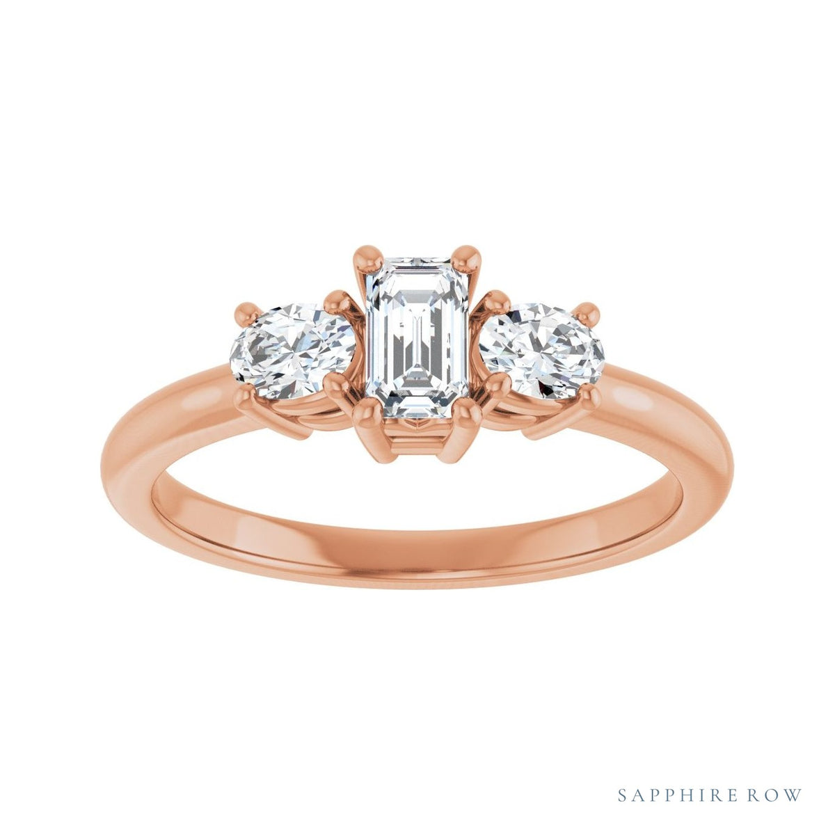 Sapphire Row Emerald Three-Stone Engagement Ring — Choose Your Side Stones setting in 14K Rose Gold, shown with a center stone and matched side stones (all sold separately)