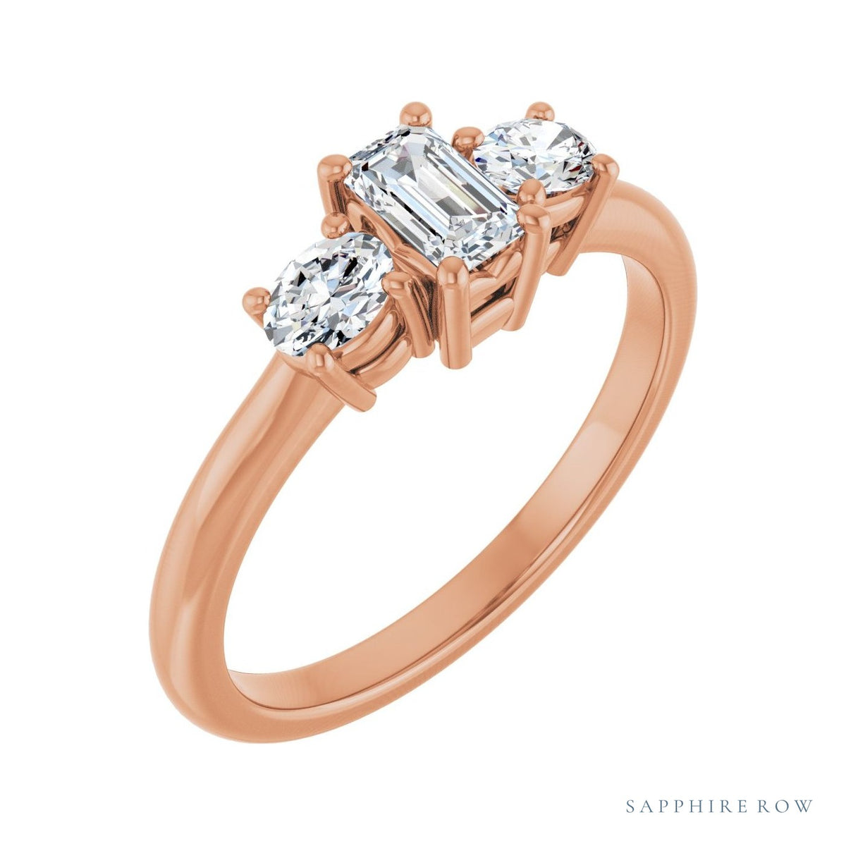 Sapphire Row Emerald Three-Stone Engagement Ring — Choose Your Side Stones setting in 14K Rose Gold, shown with a center stone and matched side stones (all sold separately) — three-quarter view