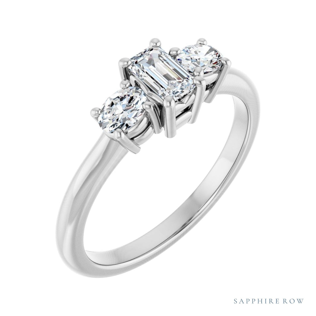 Sapphire Row Emerald Three-Stone Engagement Ring — Choose Your Side Stones setting in 14K White Gold, shown with a center stone and matched side stones (all sold separately) — three-quarter view