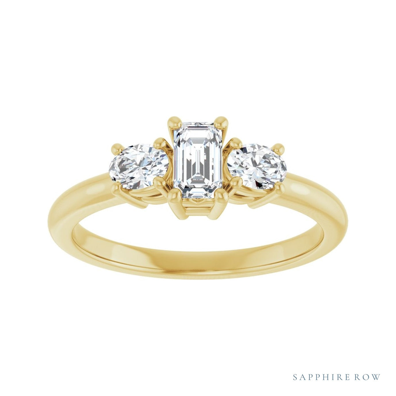 Sapphire Row Emerald Three-Stone Engagement Ring — Choose Your Side Stones setting in 14K Yellow Gold, shown with a center stone and matched side stones (all sold separately)