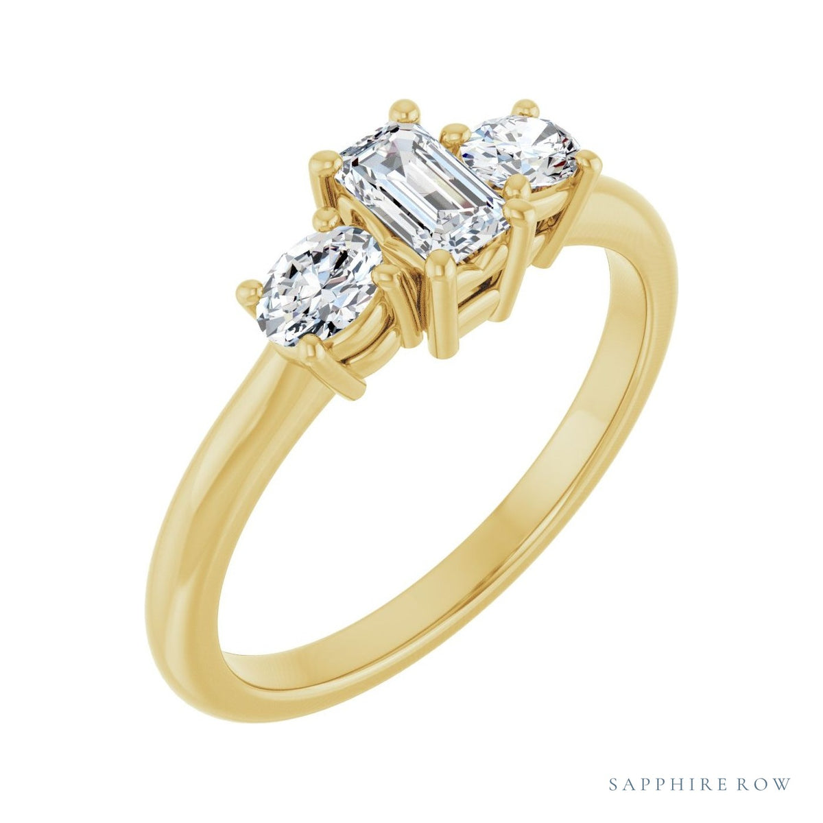 Sapphire Row Emerald Three-Stone Engagement Ring — Choose Your Side Stones setting in 14K Yellow Gold, shown with a center stone and matched side stones (all sold separately) — three-quarter view
