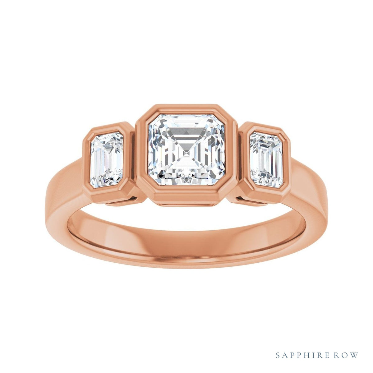 Sapphire Row Asscher Low-Profile Bezel-Set Three-Stone Engagement Ring setting in 14K Rose Gold, shown with a center stone and matched side stones (all sold separately)